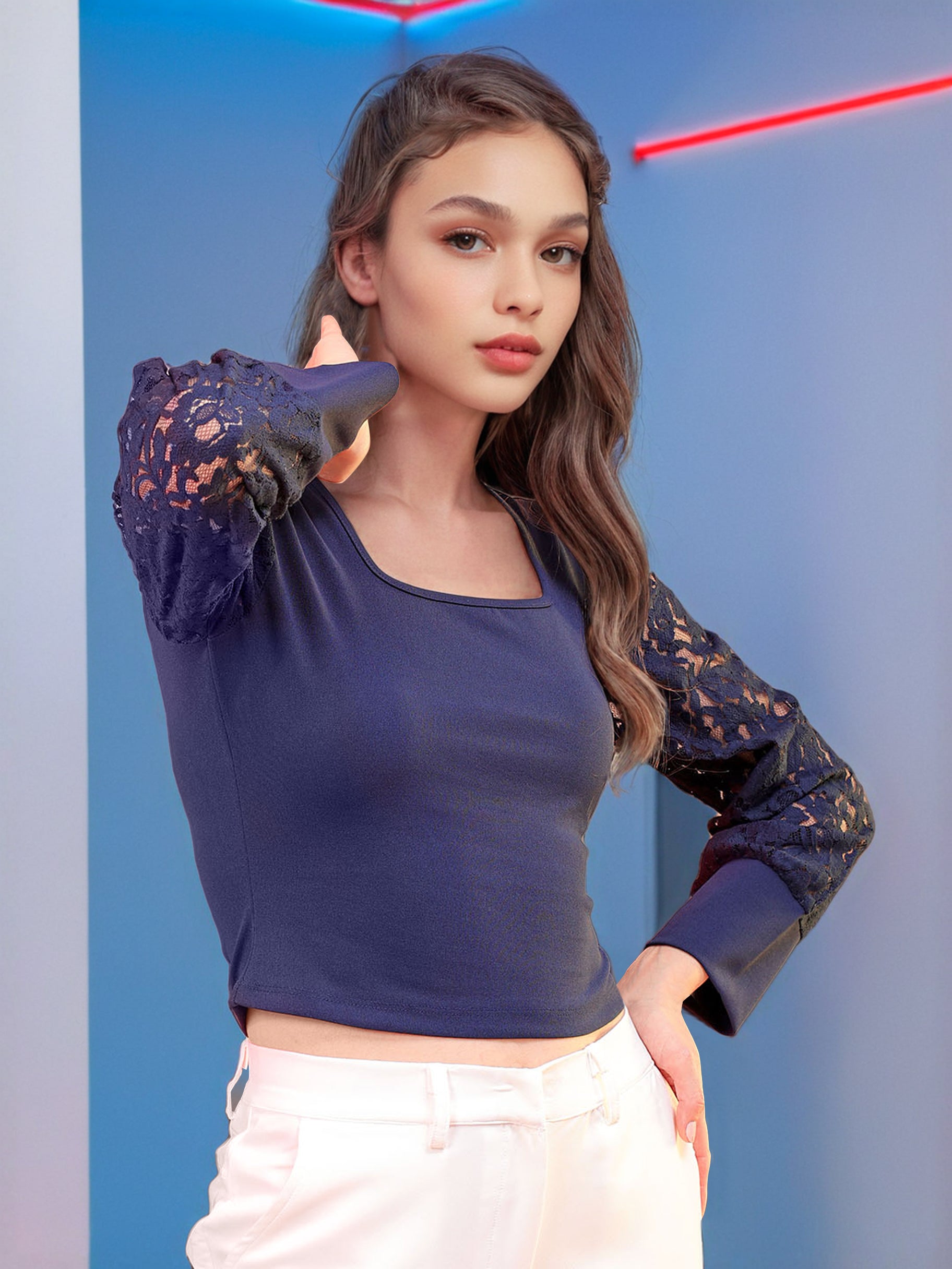 Women's Bishop Lace Sleeve Fitted Top