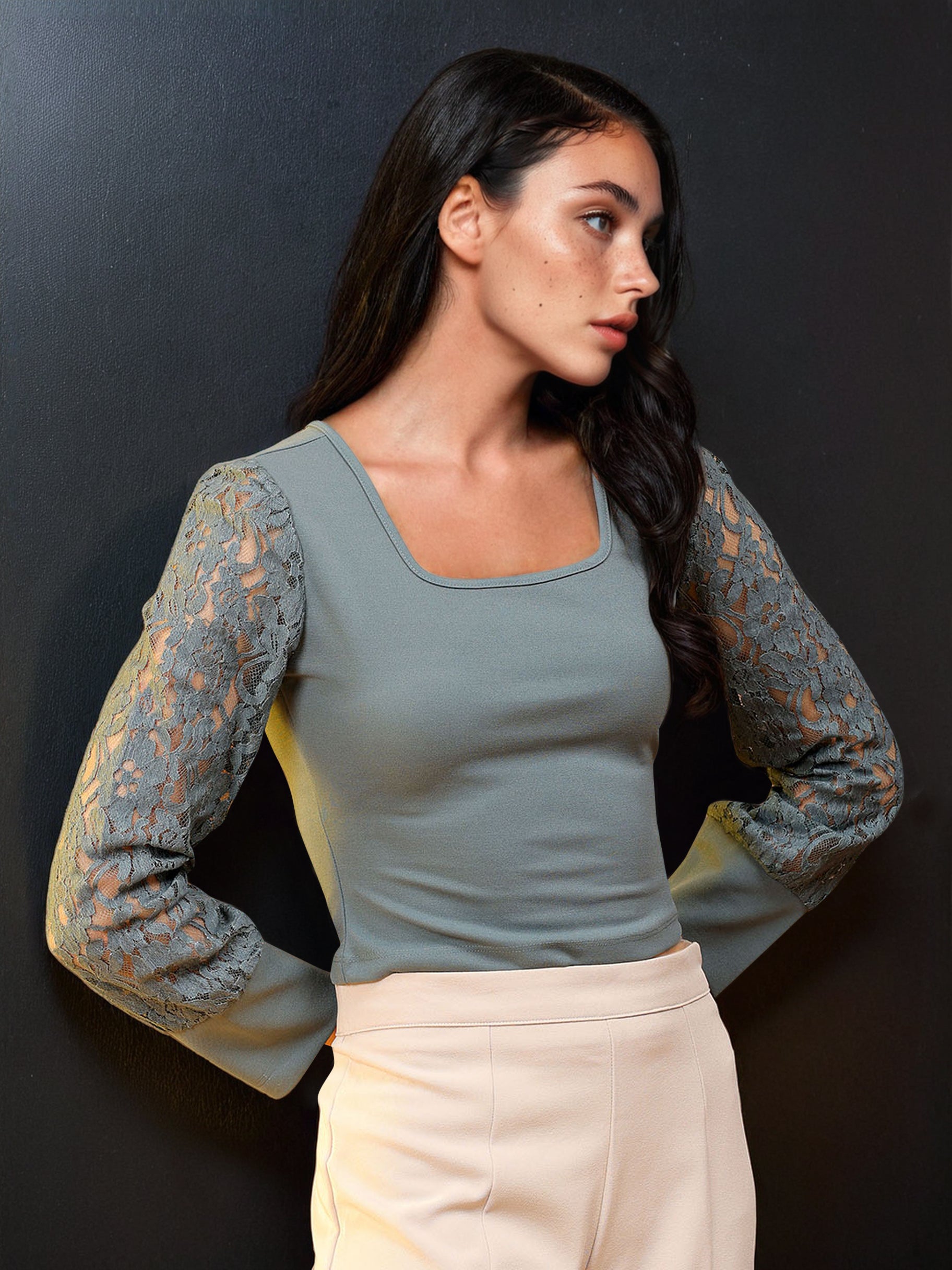 Women's Bishop Lace Sleeve Fitted Top