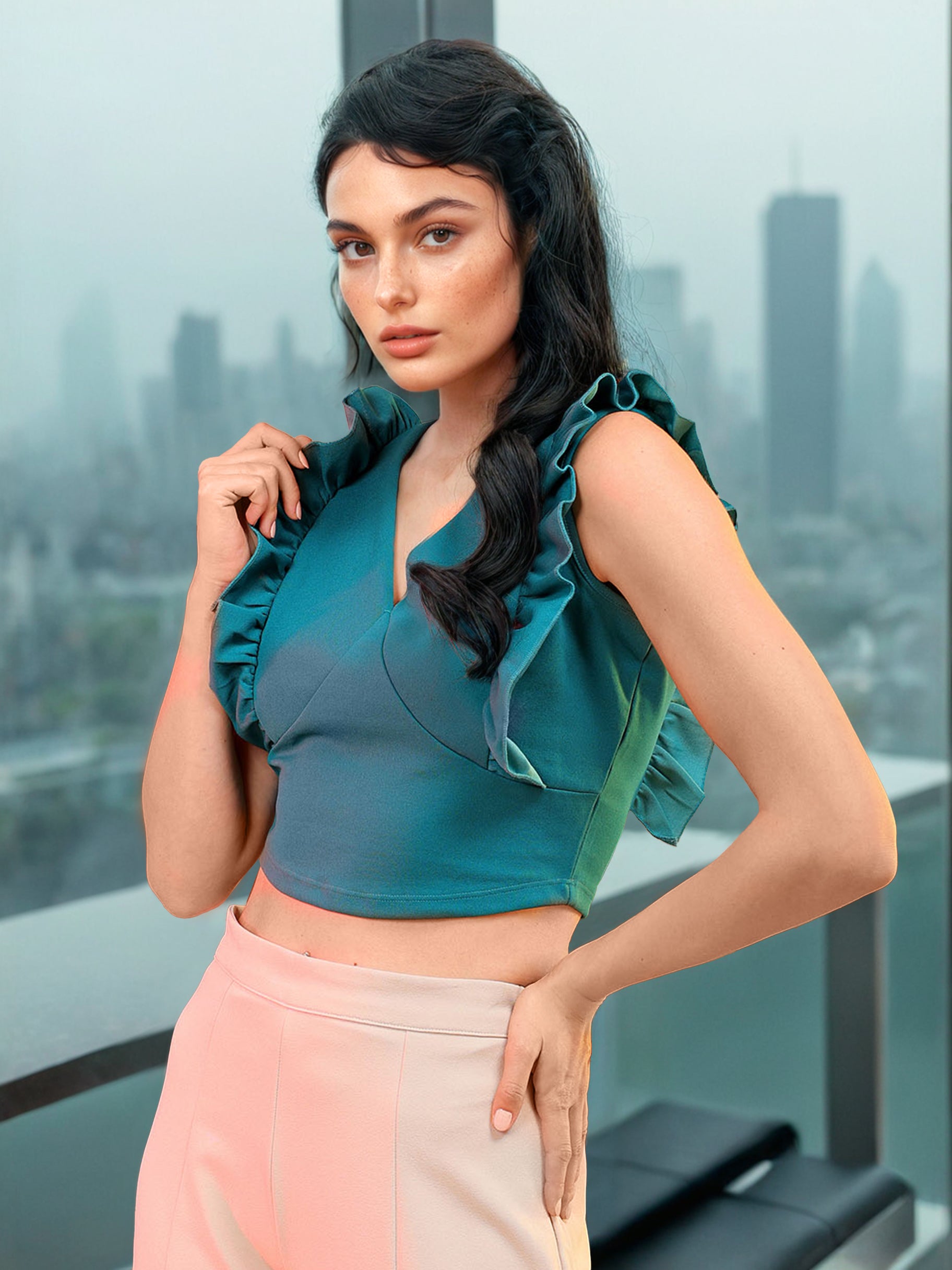 Women's V Neck Ruffle Crop Top