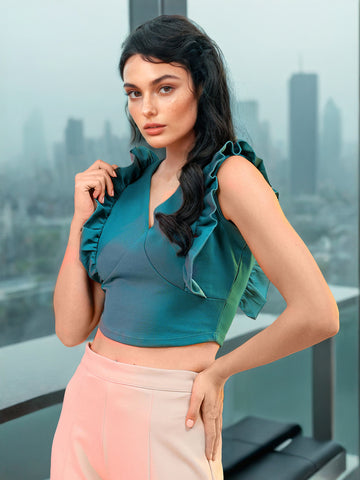 Women's V Neck Ruffle Crop Top