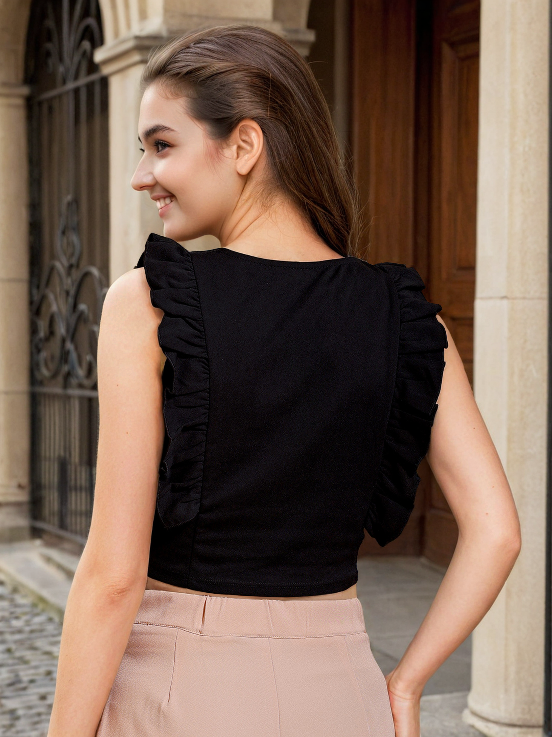 Women's V Neck Ruffle Crop Top