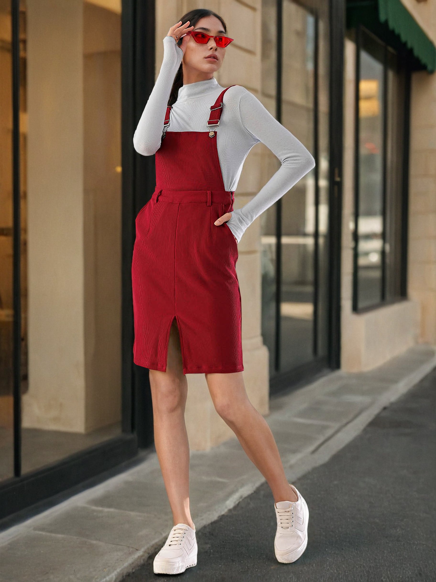 Women's Corduroy Knee Length Dungaree Skirt