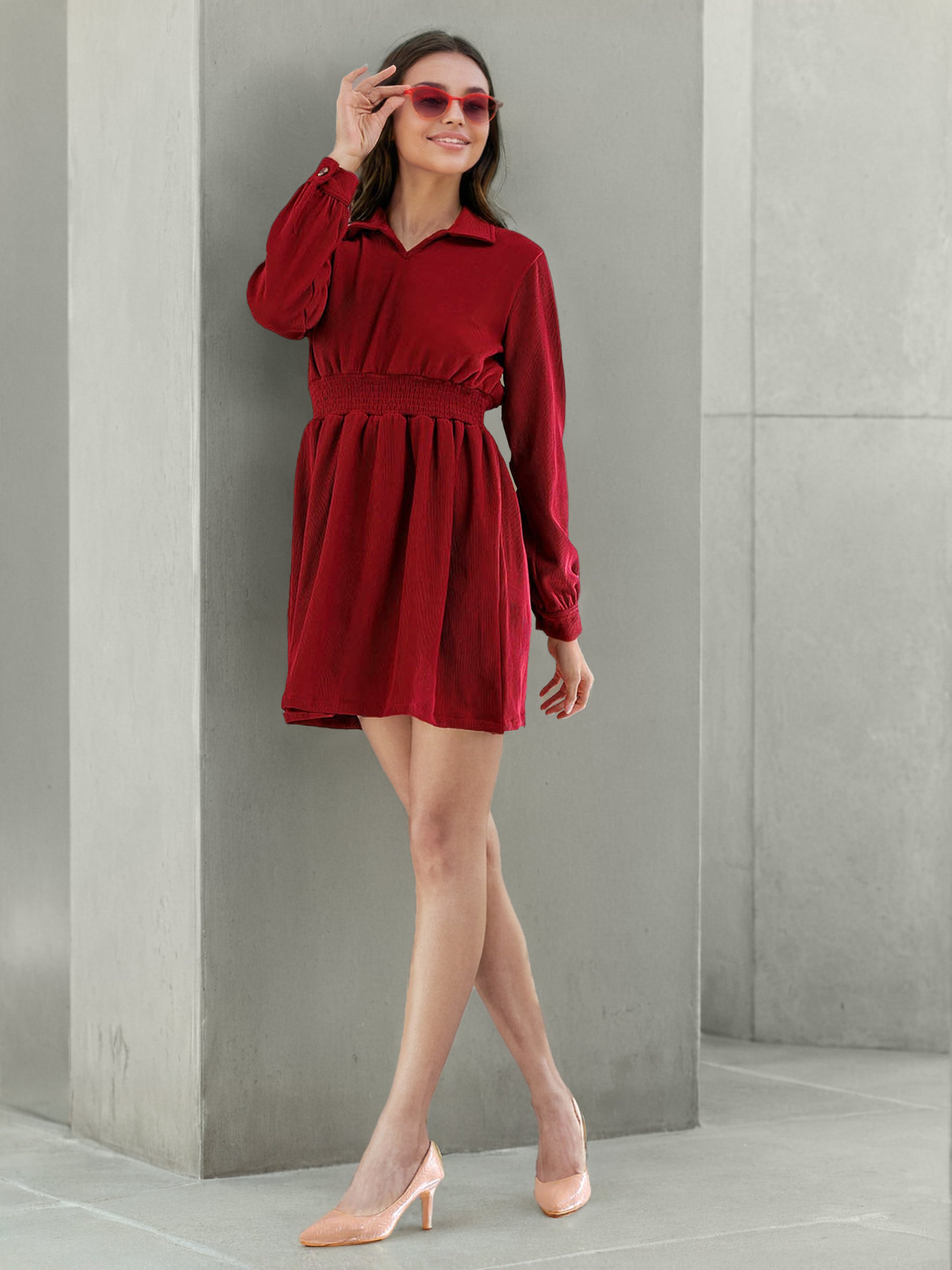Women's Corduroy Elasticated V-Neck Dress