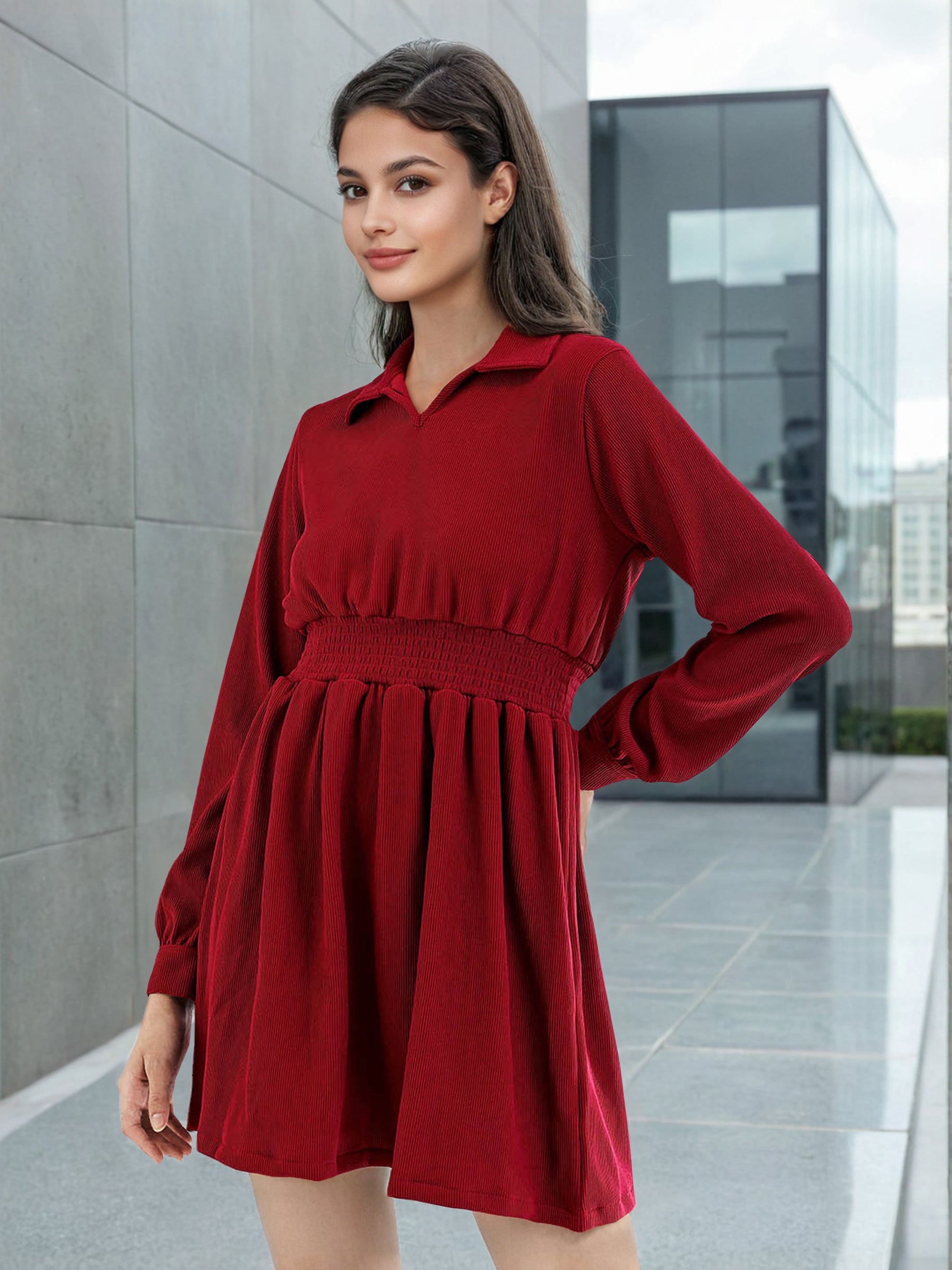 Women's Corduroy Elasticated V-Neck Dress