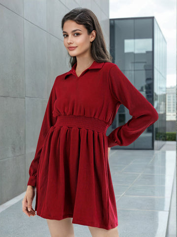 Women's Corduroy Elasticated V-Neck Dress