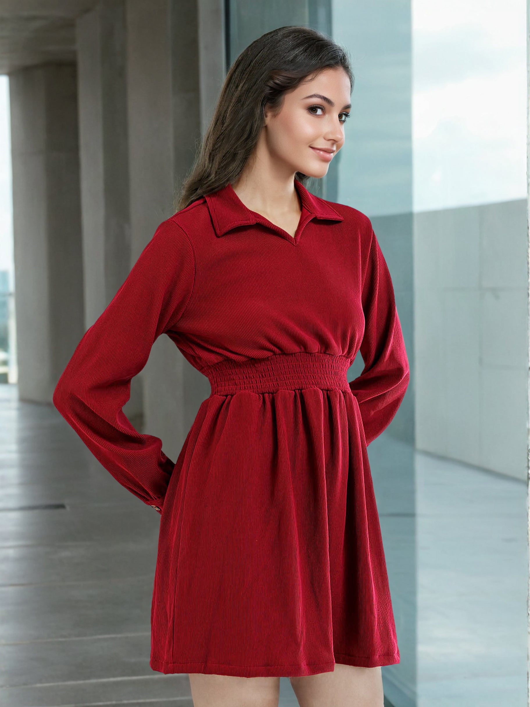 Women's Corduroy Elasticated V-Neck Dress