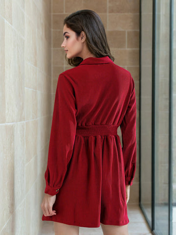 Women's Corduroy Elasticated V-Neck Dress