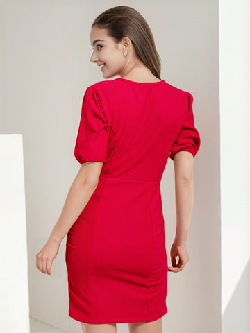 Women's Fitted Corduroy Puff Sleeve Dress