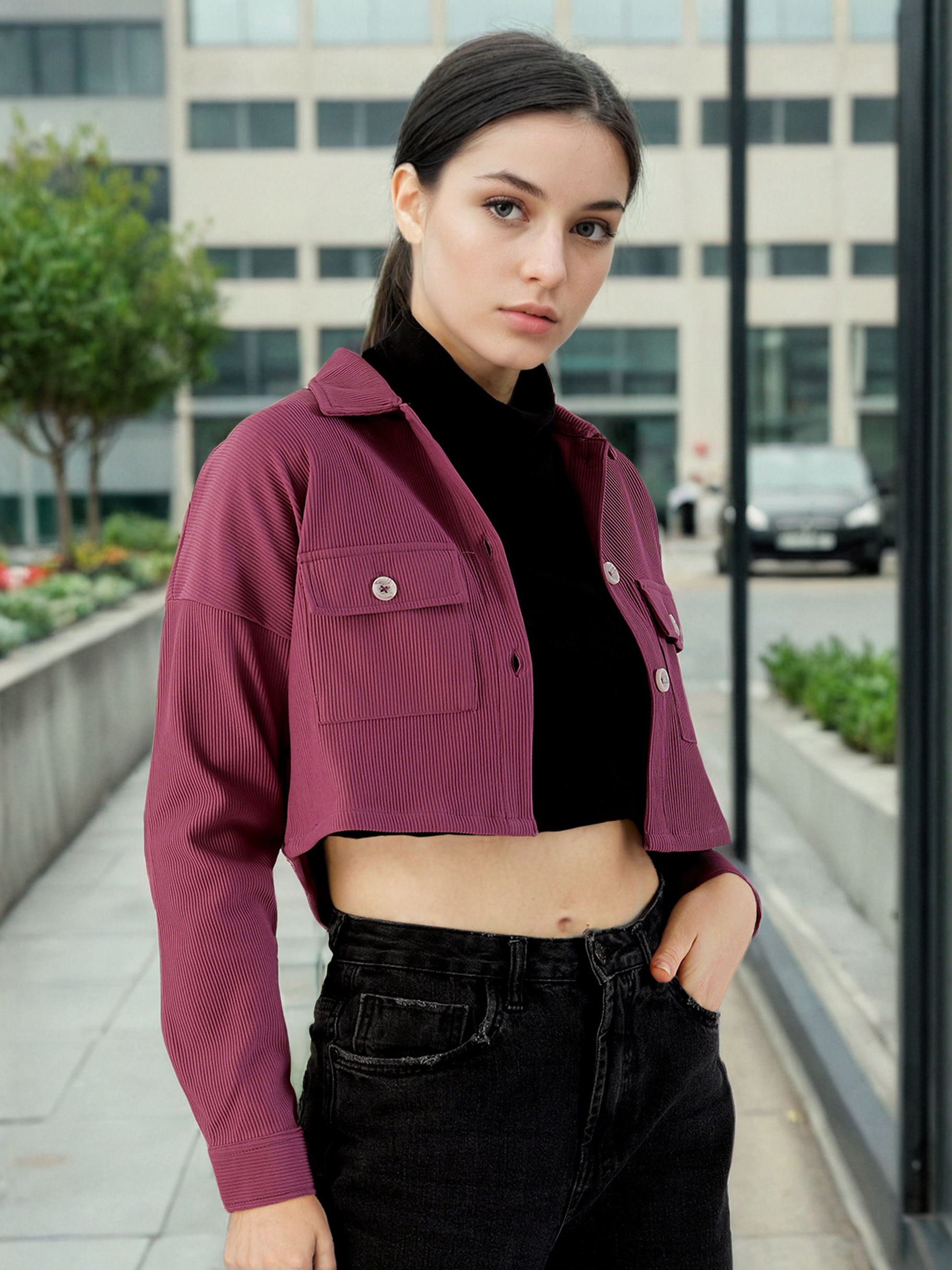 Women's Patch Pocket Corduroy Crop Shirt