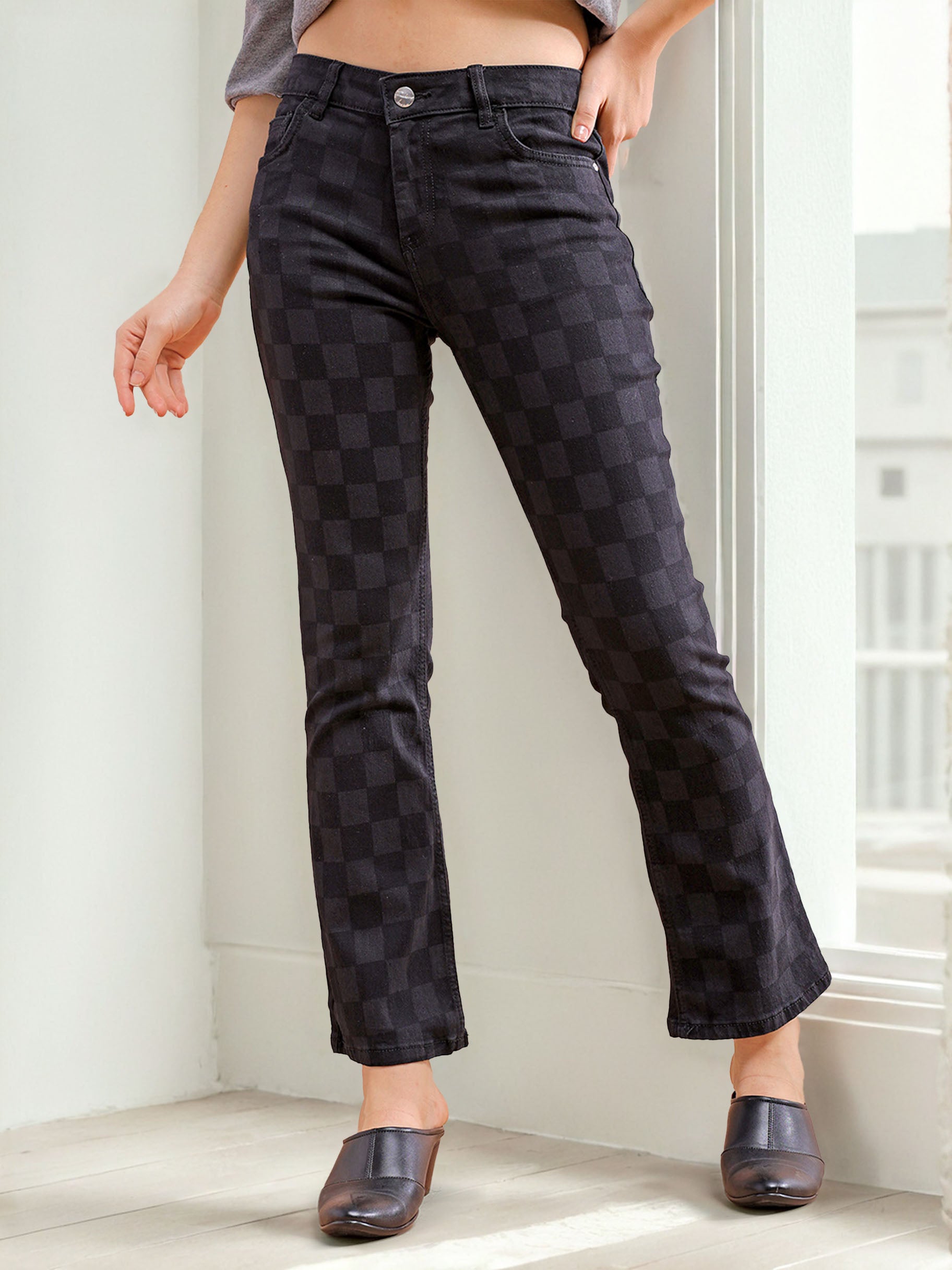 Women's Laser Checked Bootcut Denim Jeans