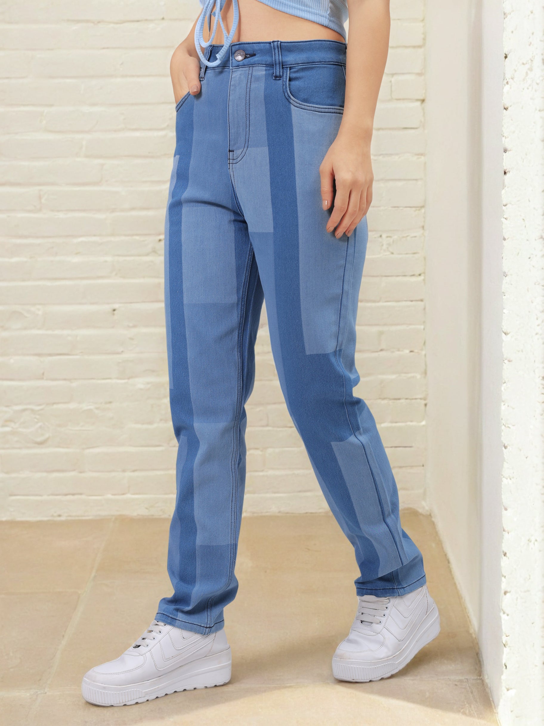 Women's Color Block Straight Fit Denim Jeans