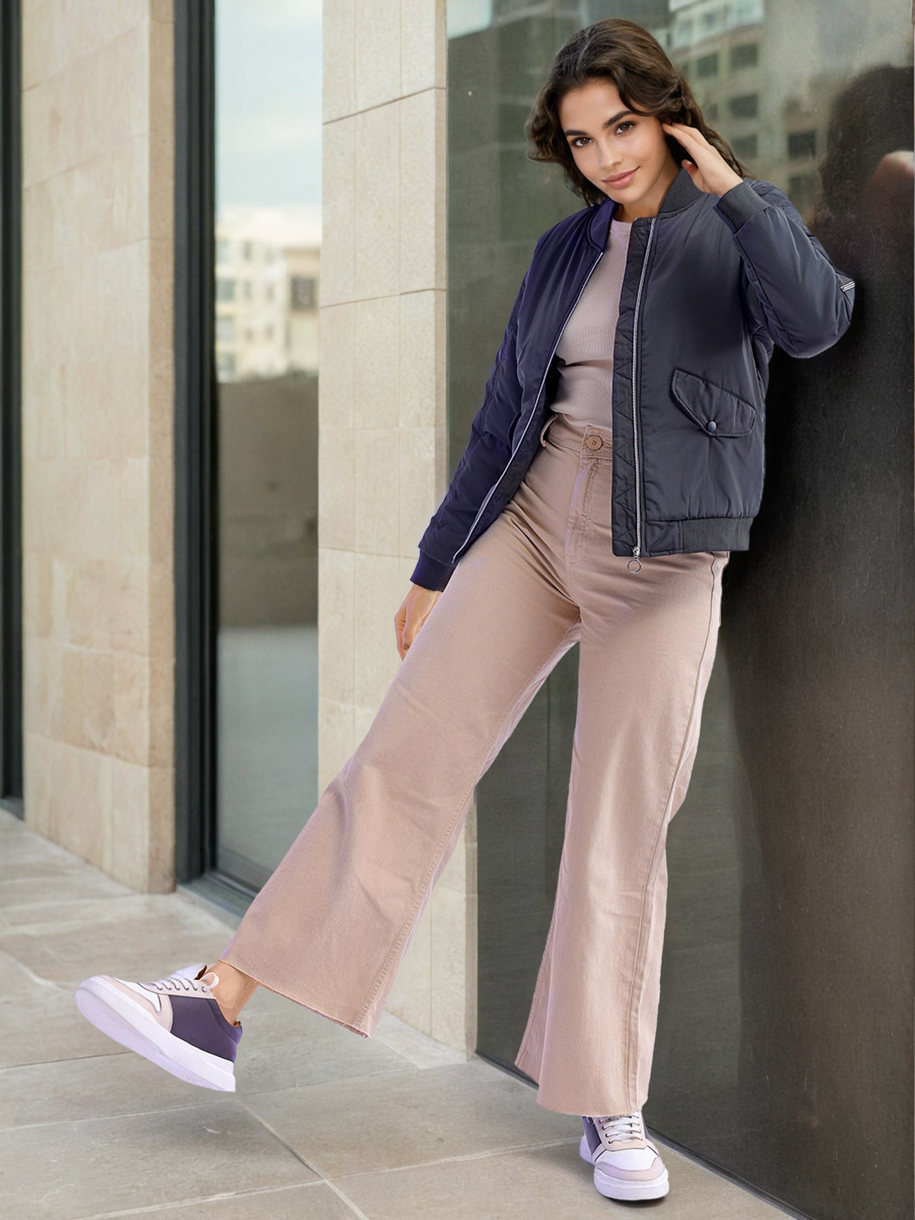 Women's Crop Bomber Jacket With Flap Pocket