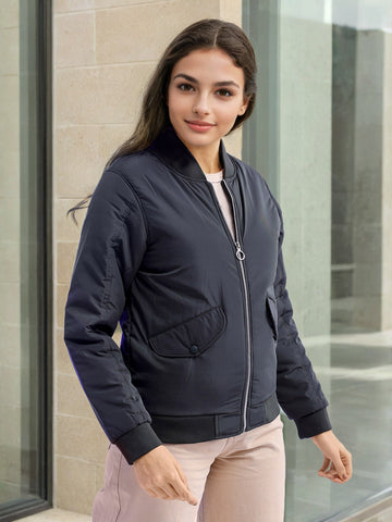 Women's Crop Bomber Jacket With Flap Pocket
