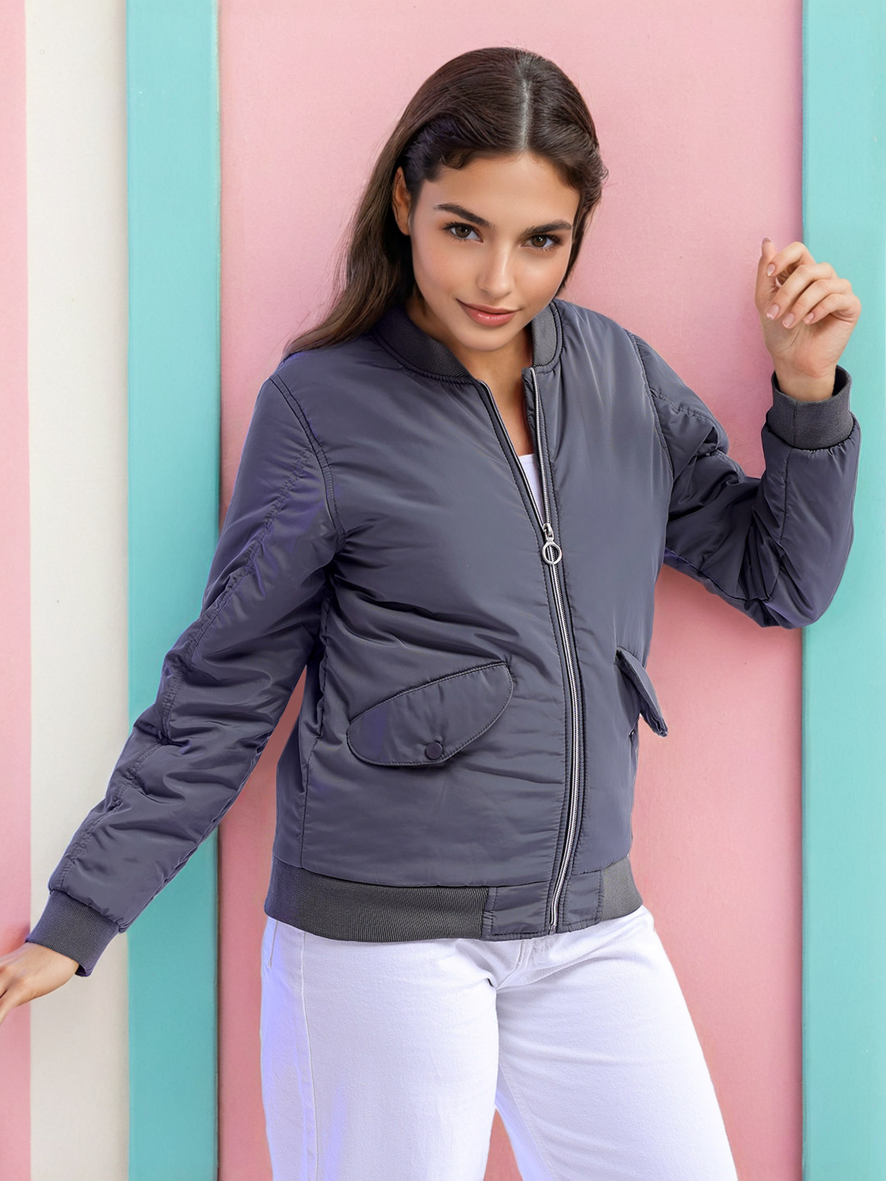 Women's Crop Bomber Jacket With Flap Pocket