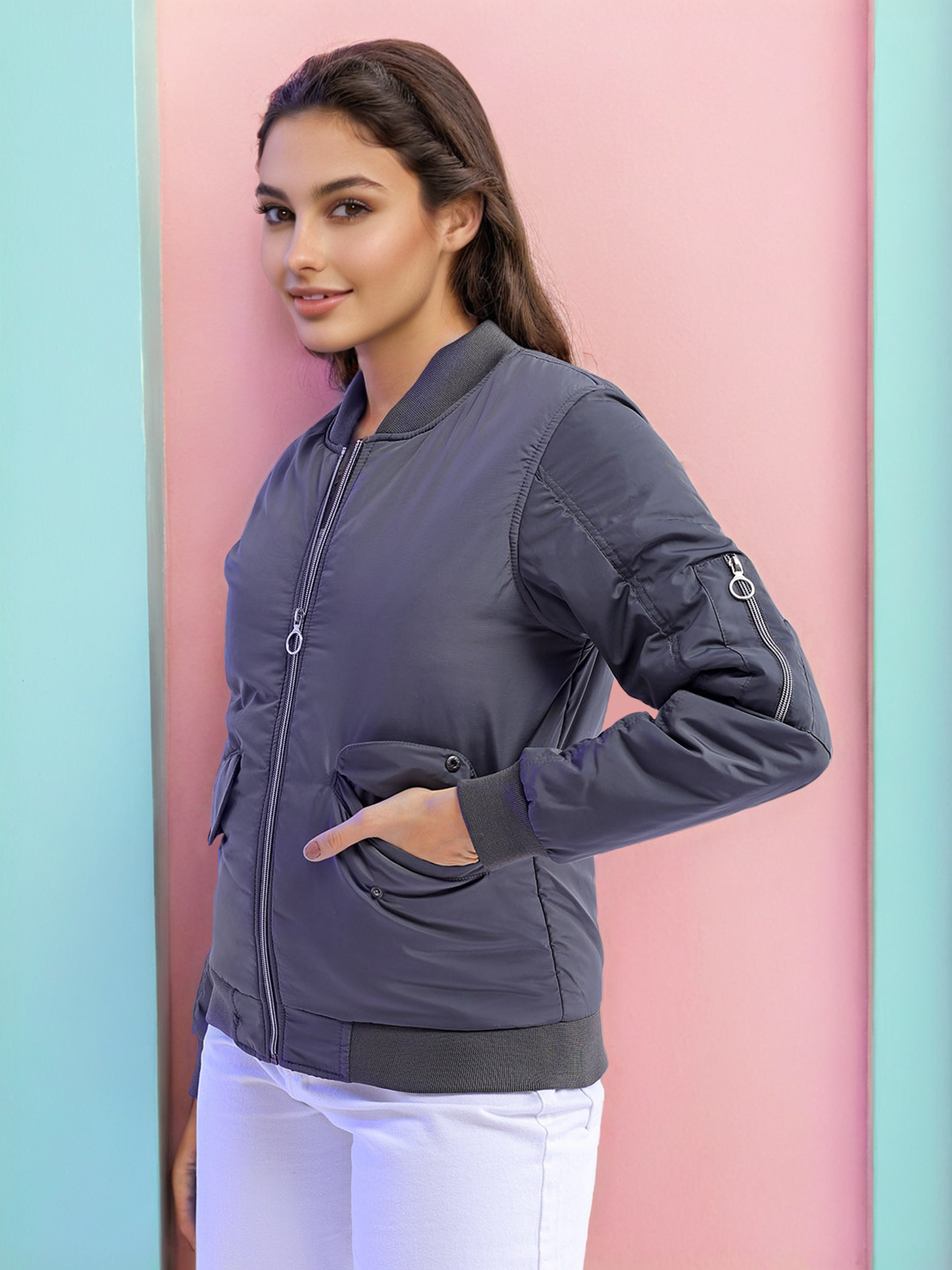 Women's Crop Bomber Jacket With Flap Pocket