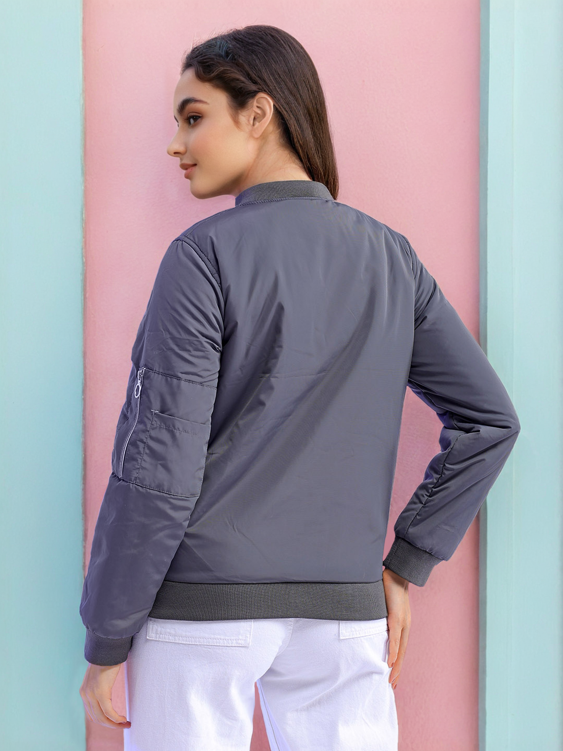 Women's Crop Bomber Jacket With Flap Pocket