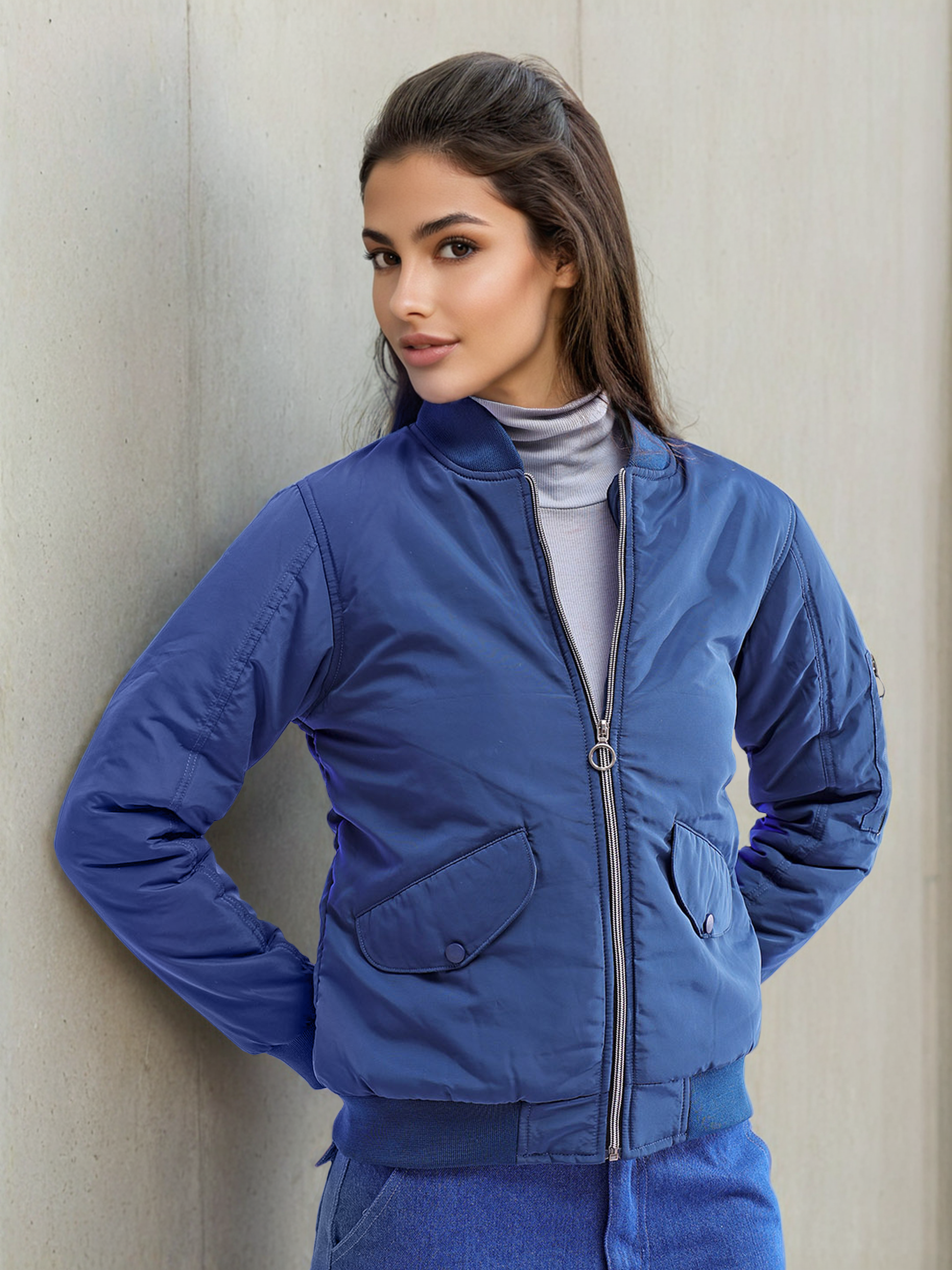 Women's Crop Bomber Jacket With Flap Pocket