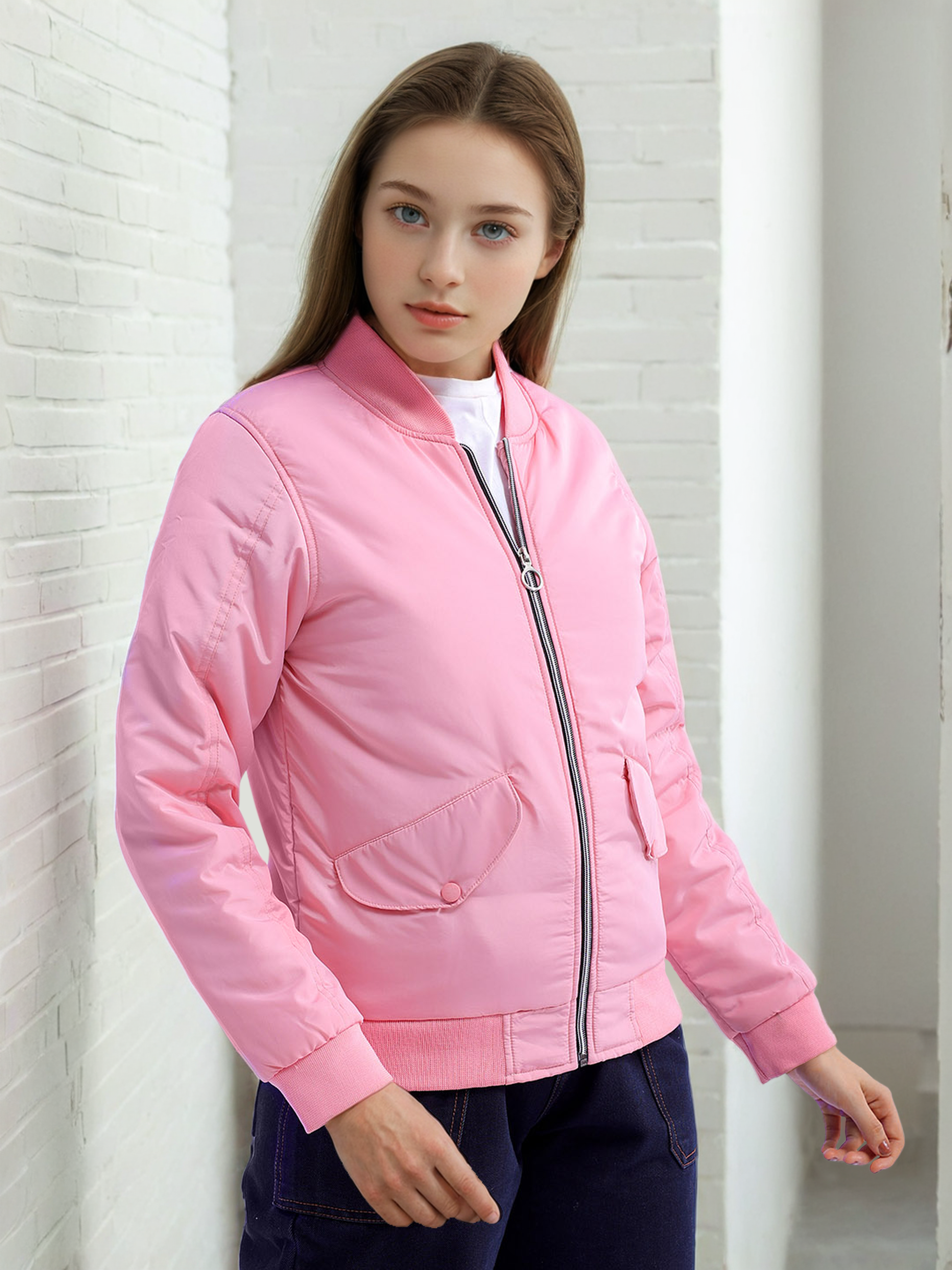 Women's Crop Bomber Jacket With Flap Pocket