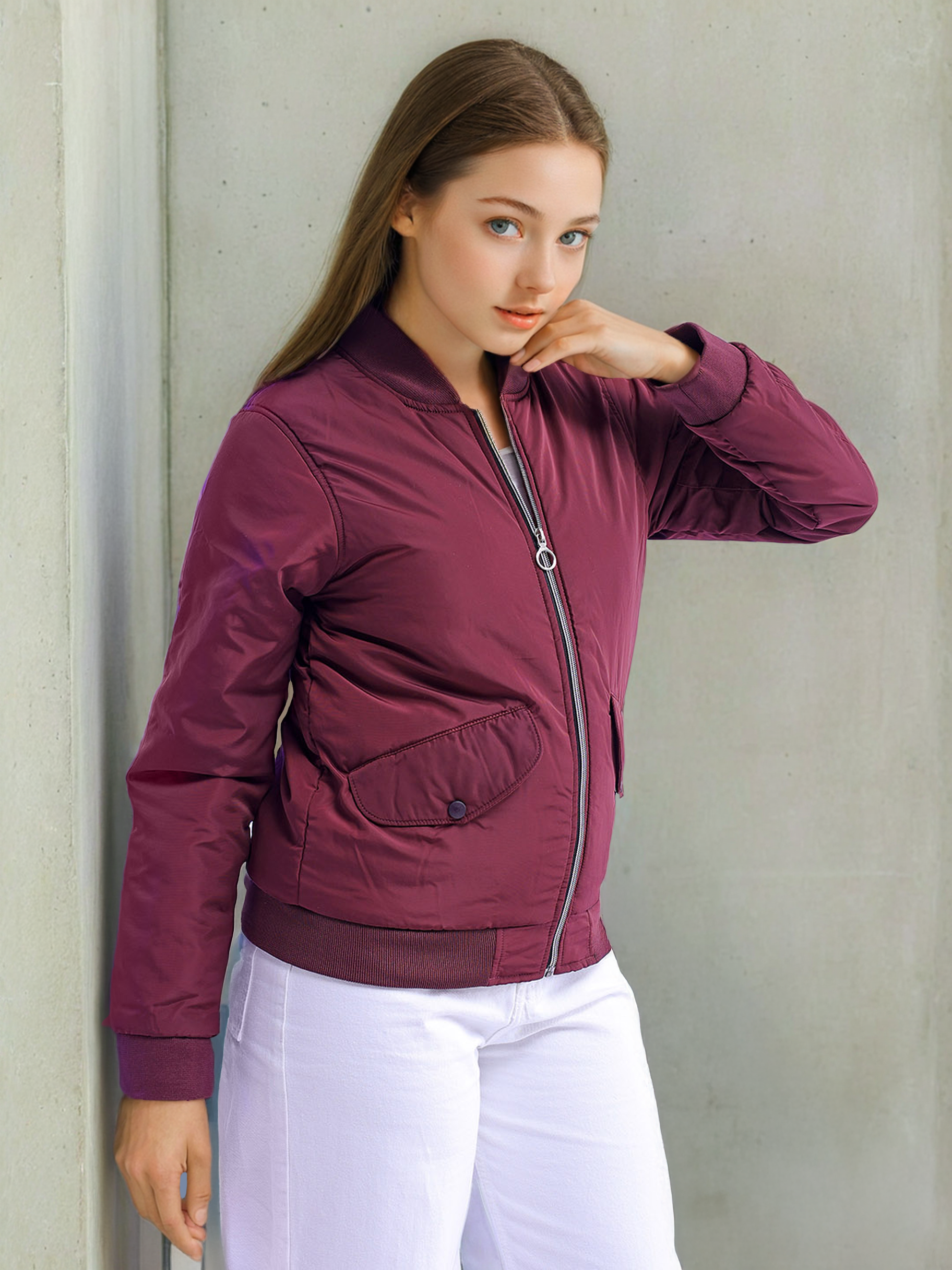 Women's Crop Bomber Jacket With Flap Pocket