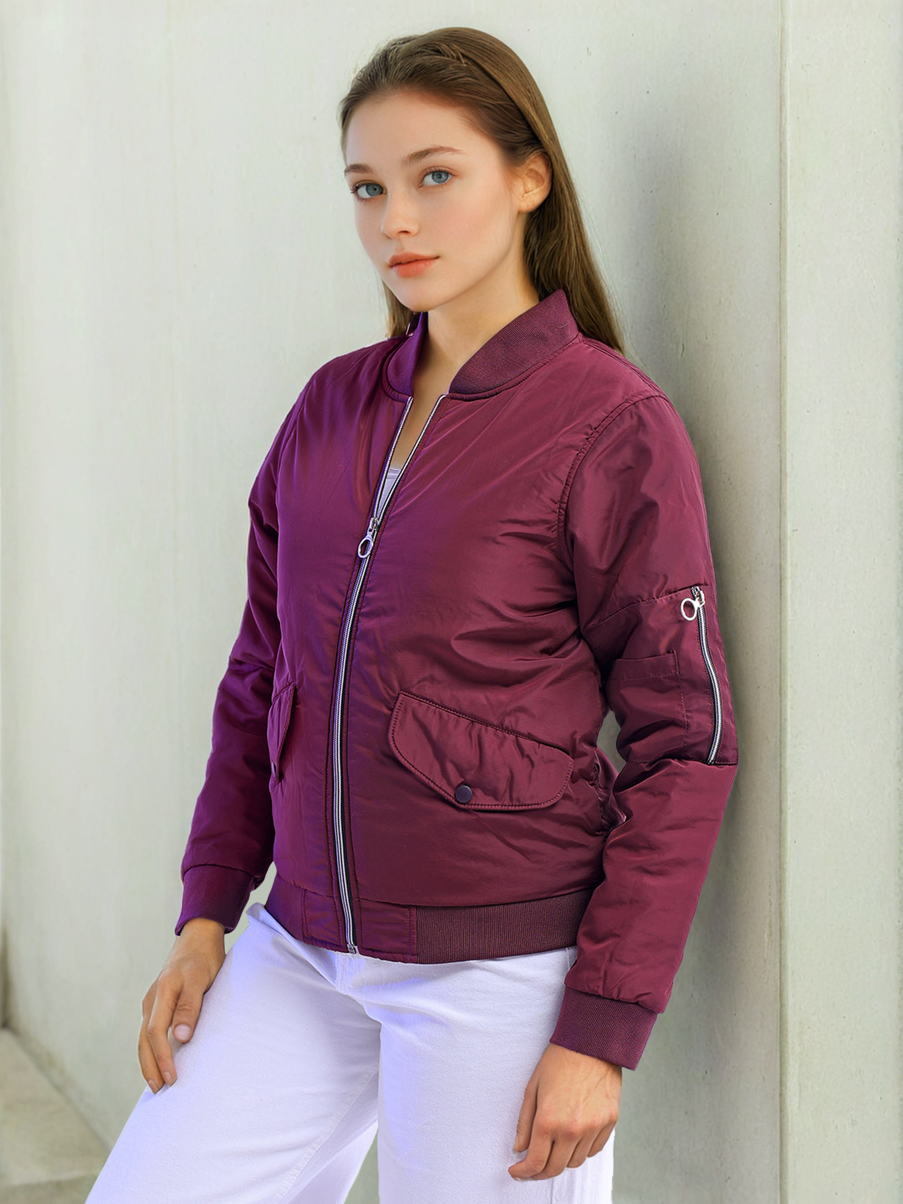 Women's Crop Bomber Jacket With Flap Pocket