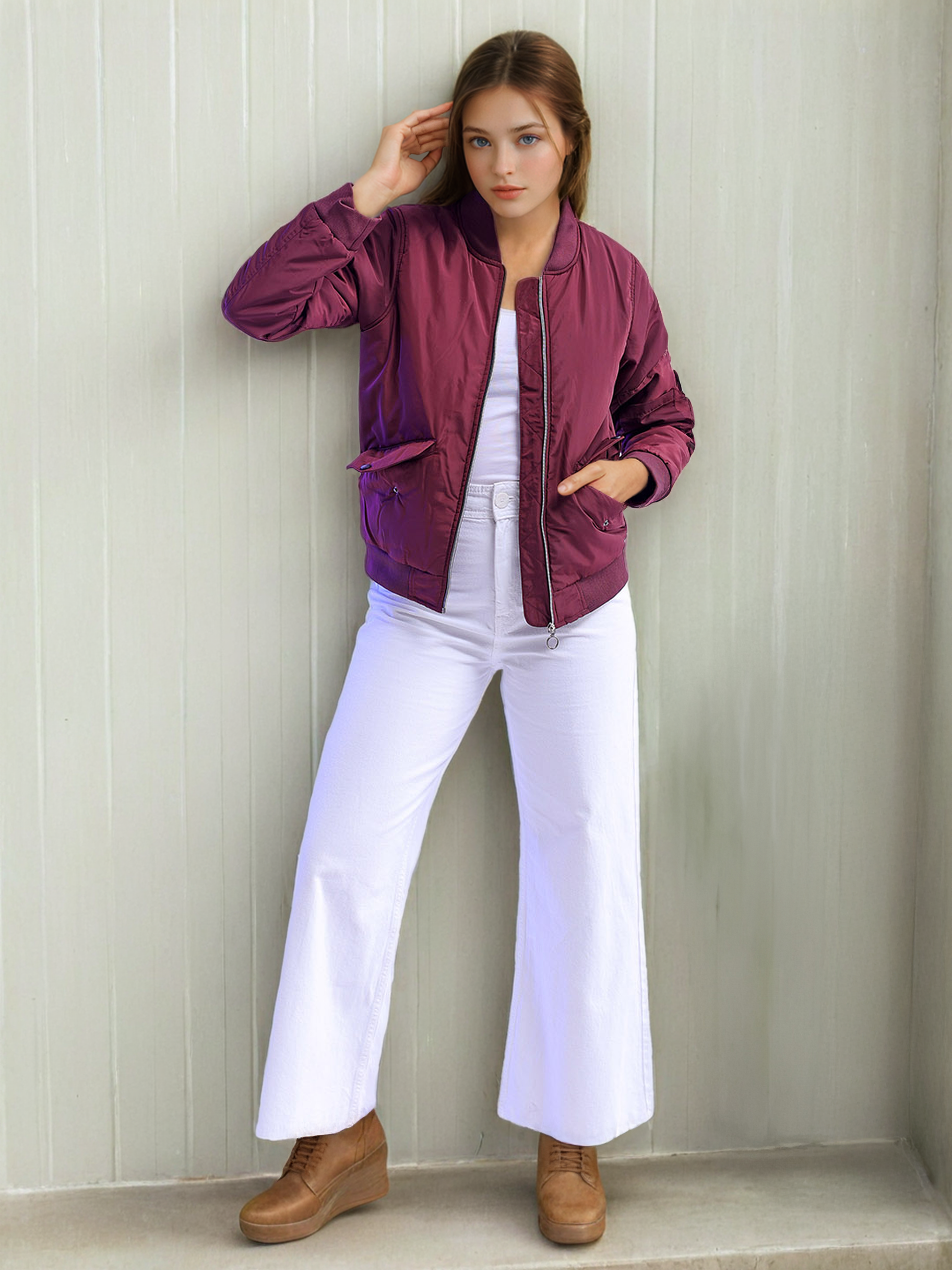 Women's Crop Bomber Jacket With Flap Pocket