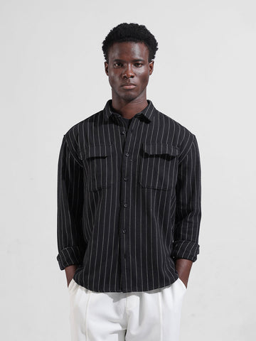 Men's Black Relaxed Fit Striped Casual Shirt
