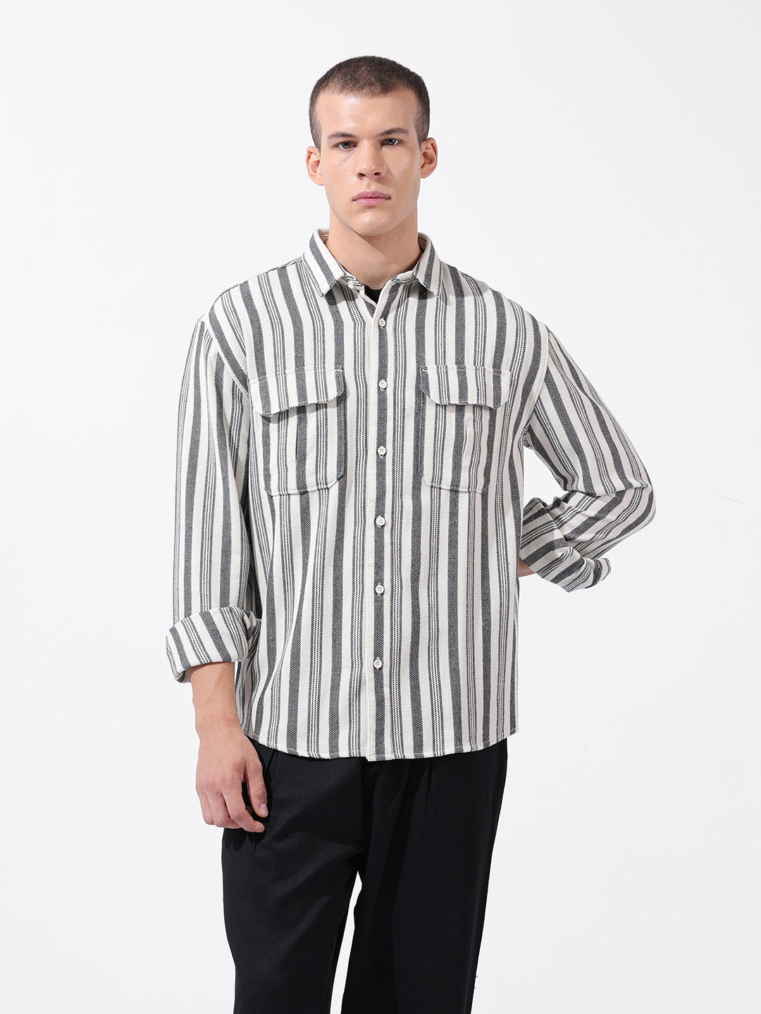 Men's Black Relaxed Fit Striped Casual Shirt