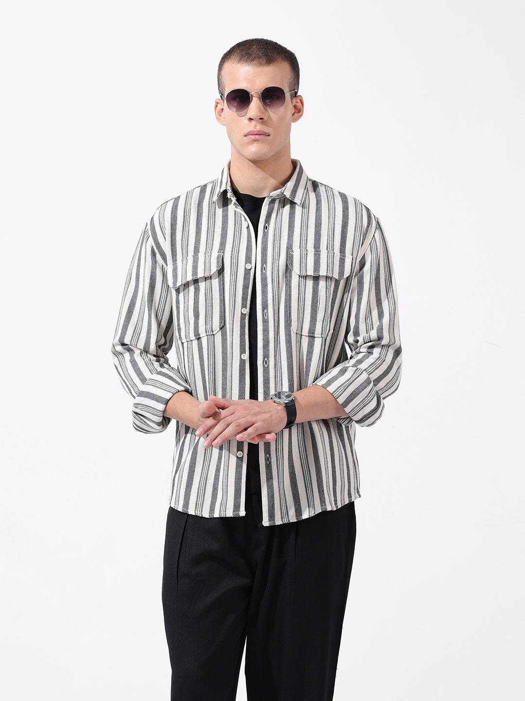 Men's Black Relaxed Fit Striped Casual Shirt