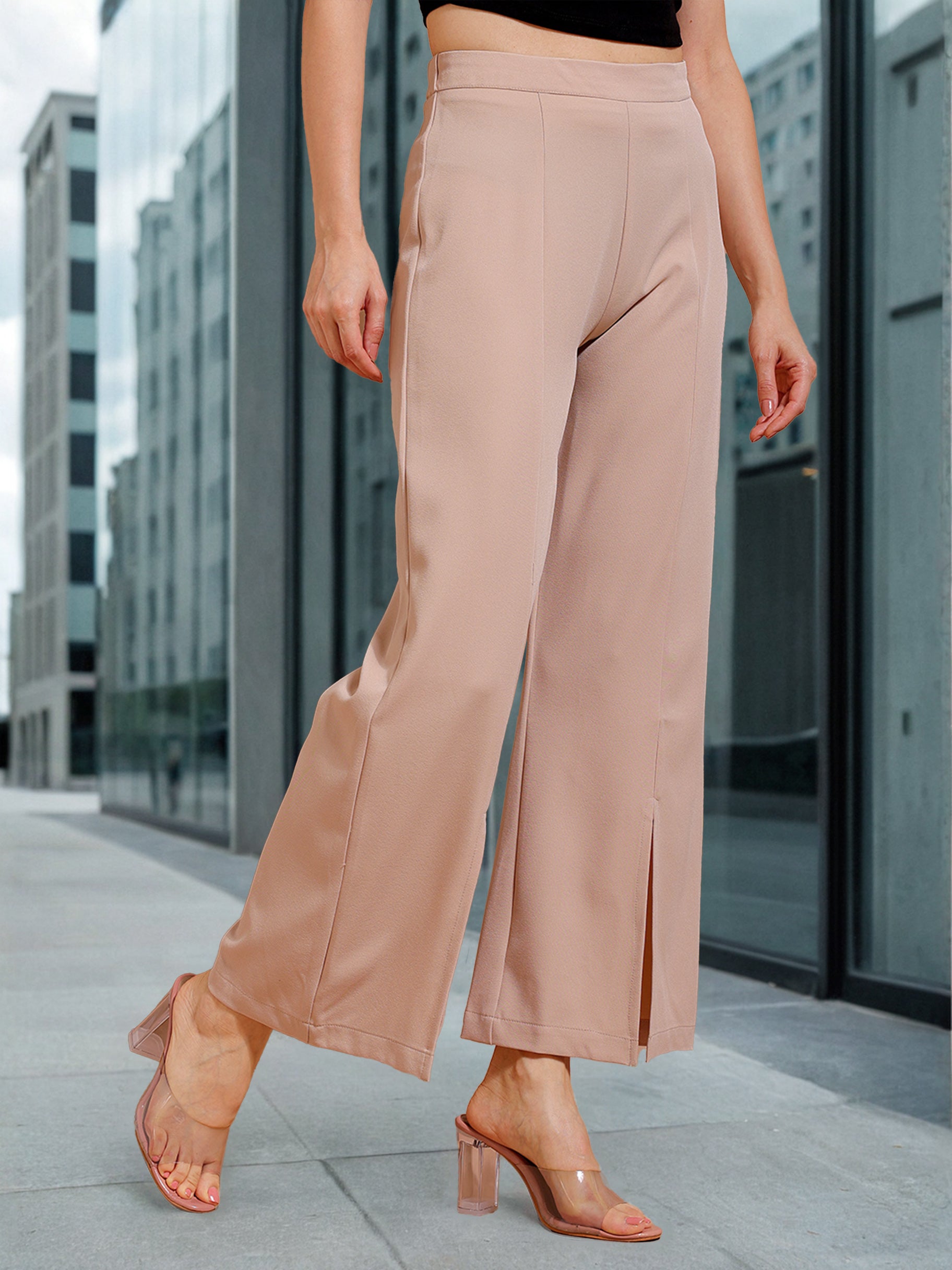 Women's Solid Flared Pants With Slit