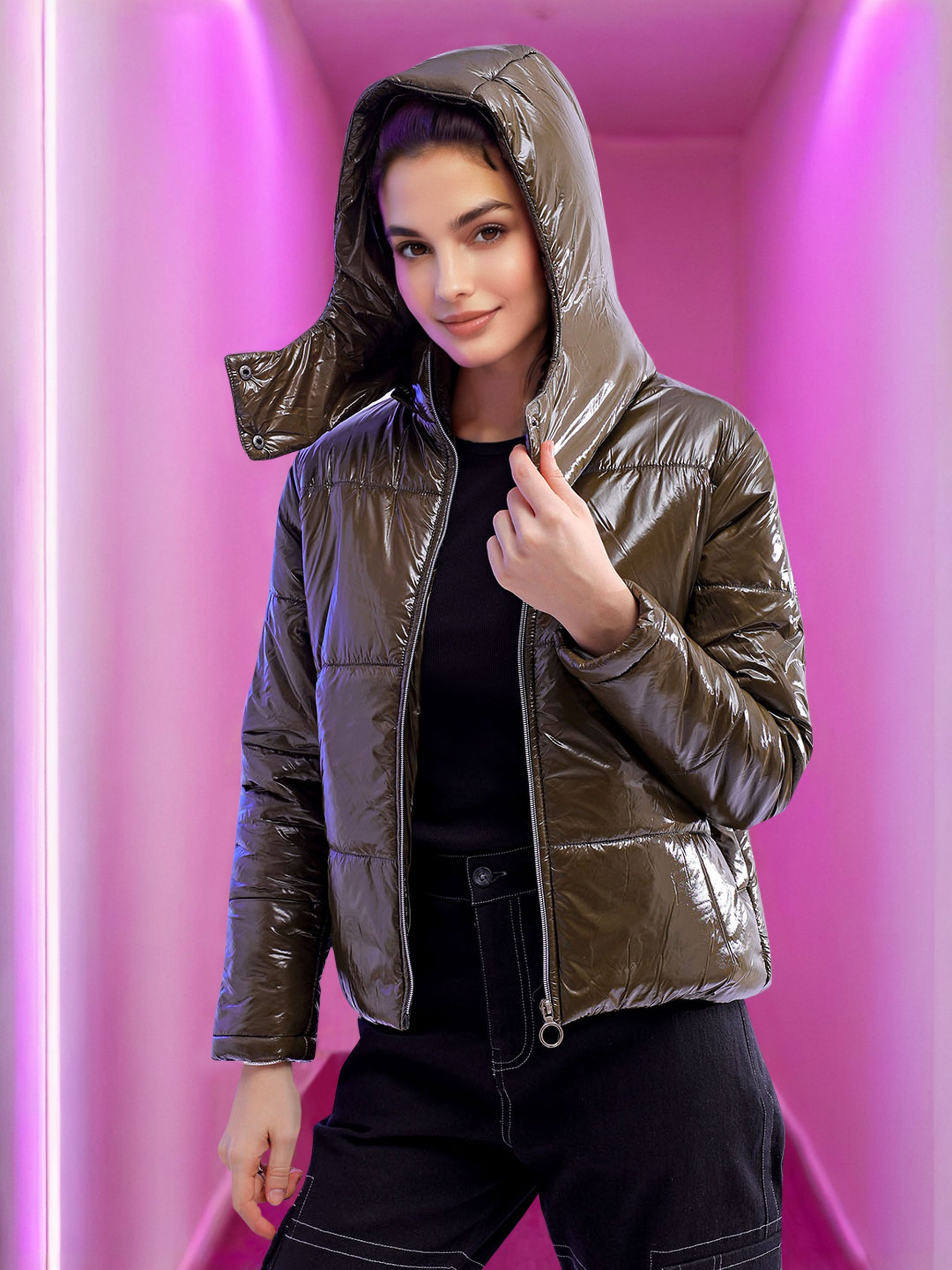 Women's Metallic Jacket With Detachable Hood