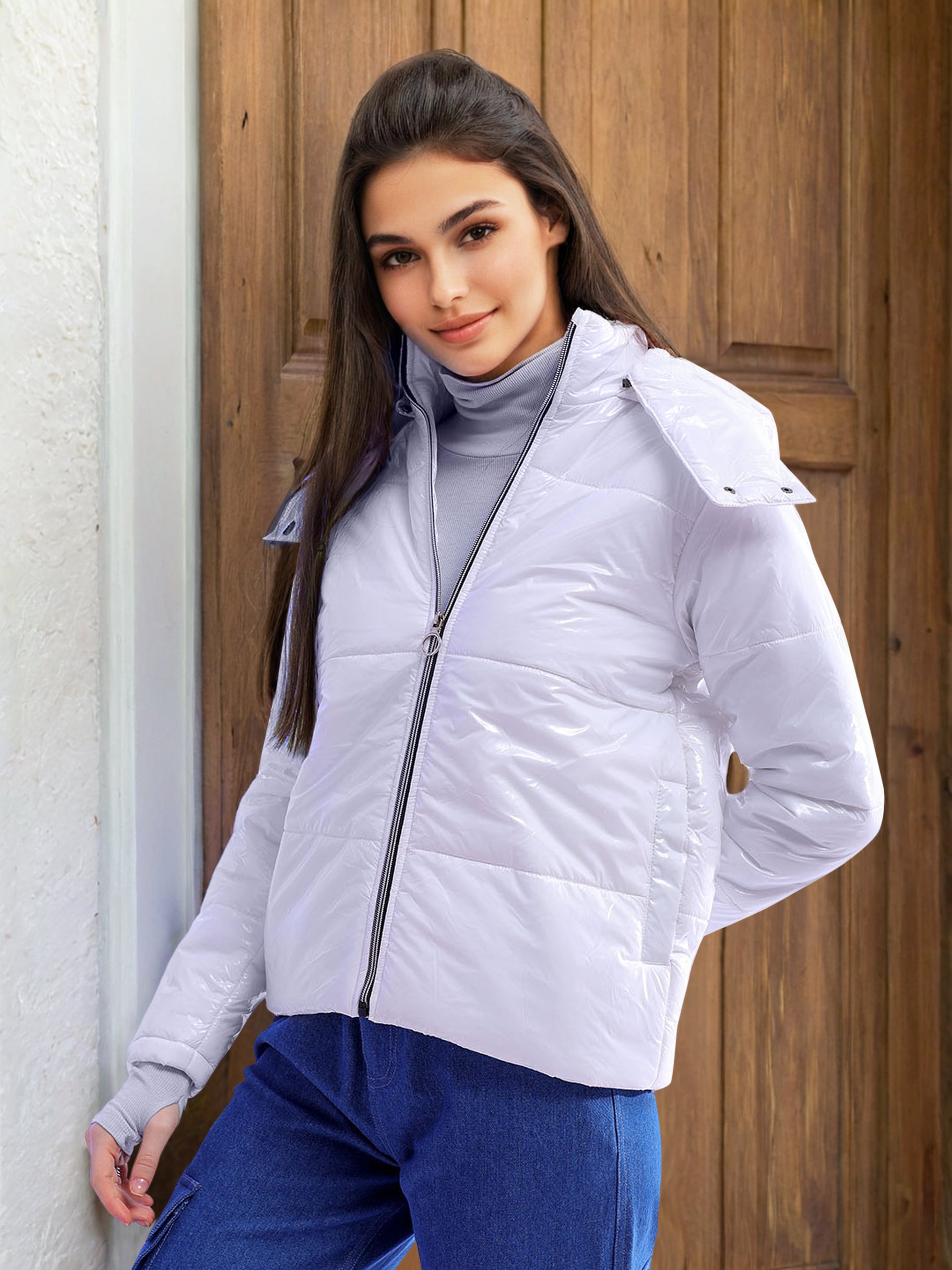 Women's Metallic Jacket With Detachable Hood