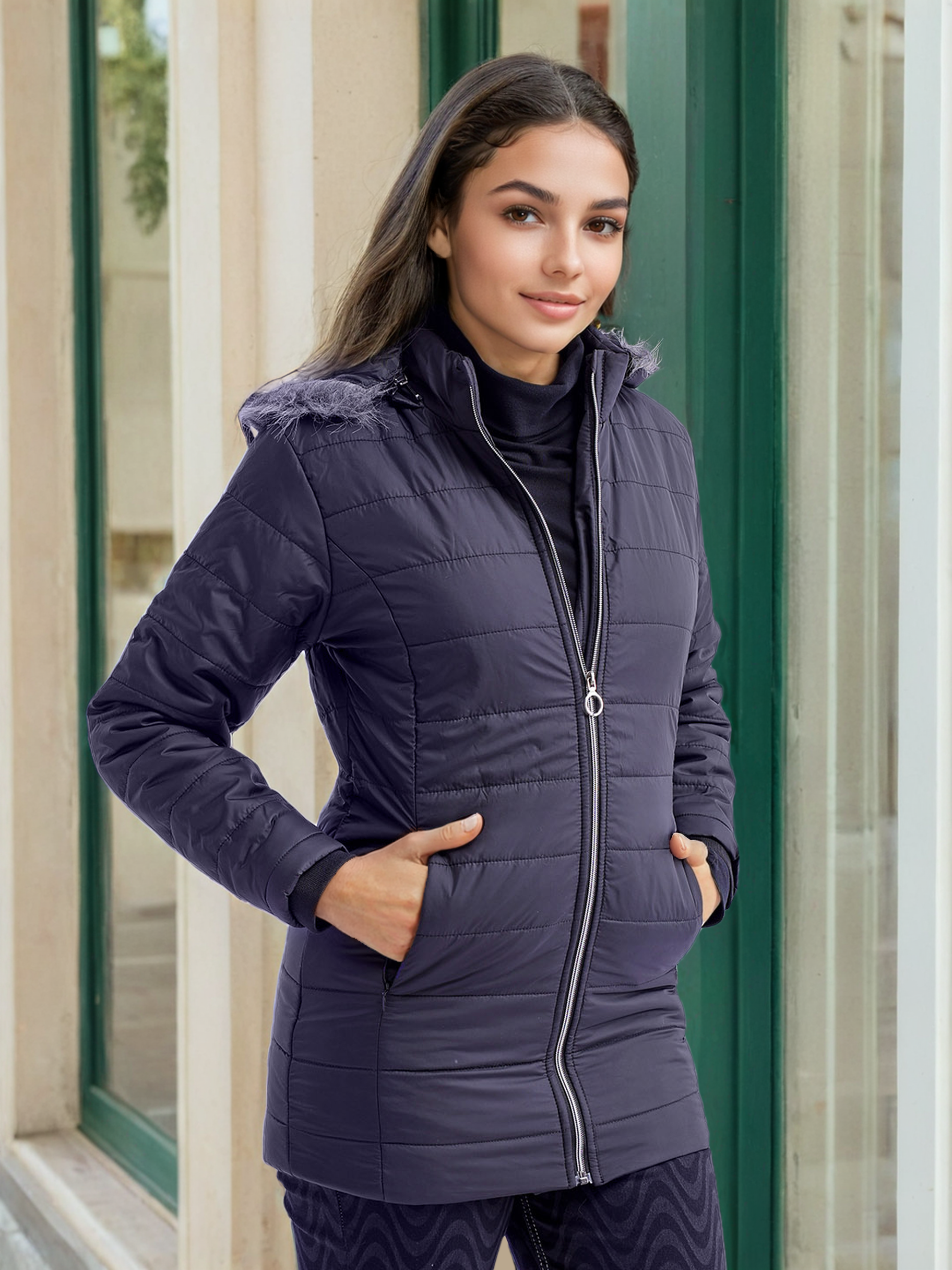 Women's Basic Parka With Fur Insert At Hood