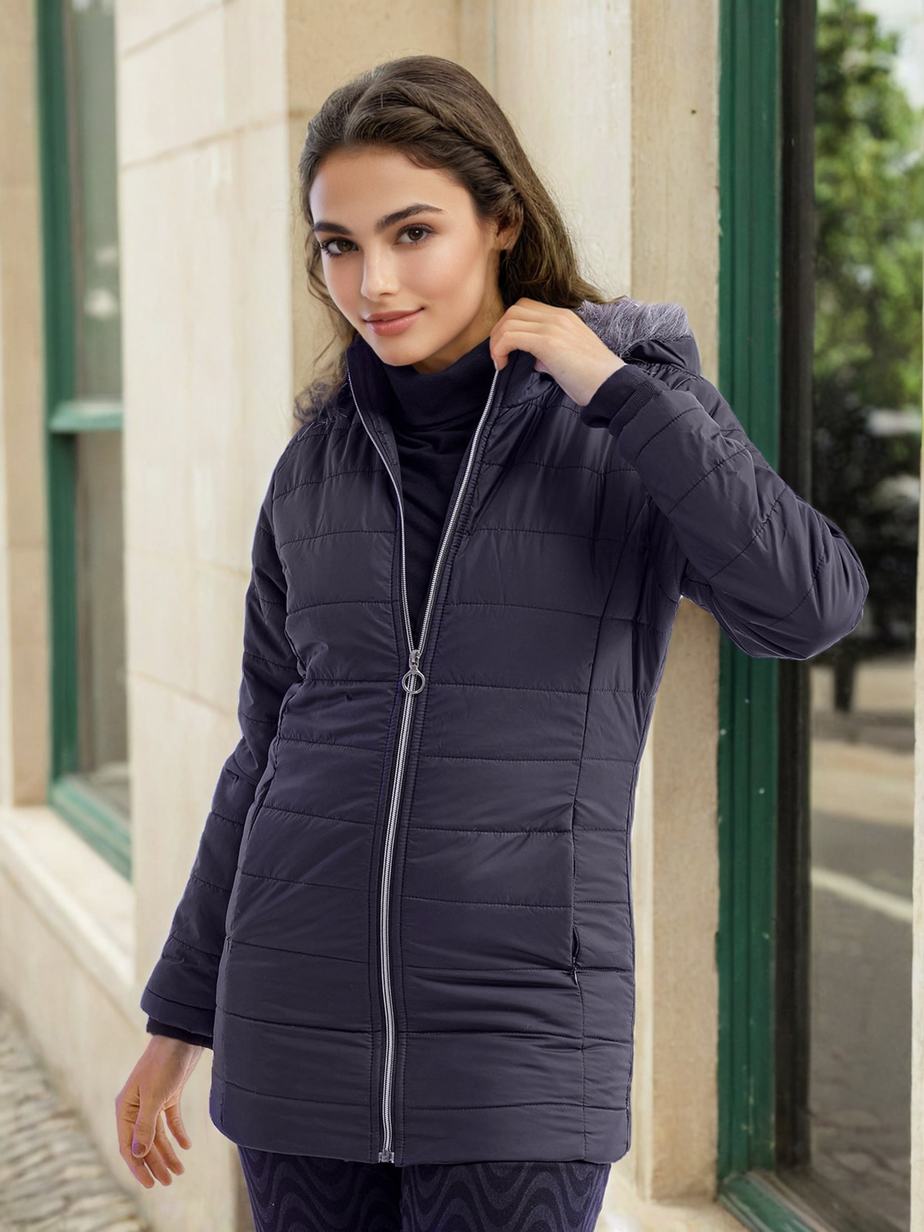 Women's Basic Parka With Fur Insert At Hood