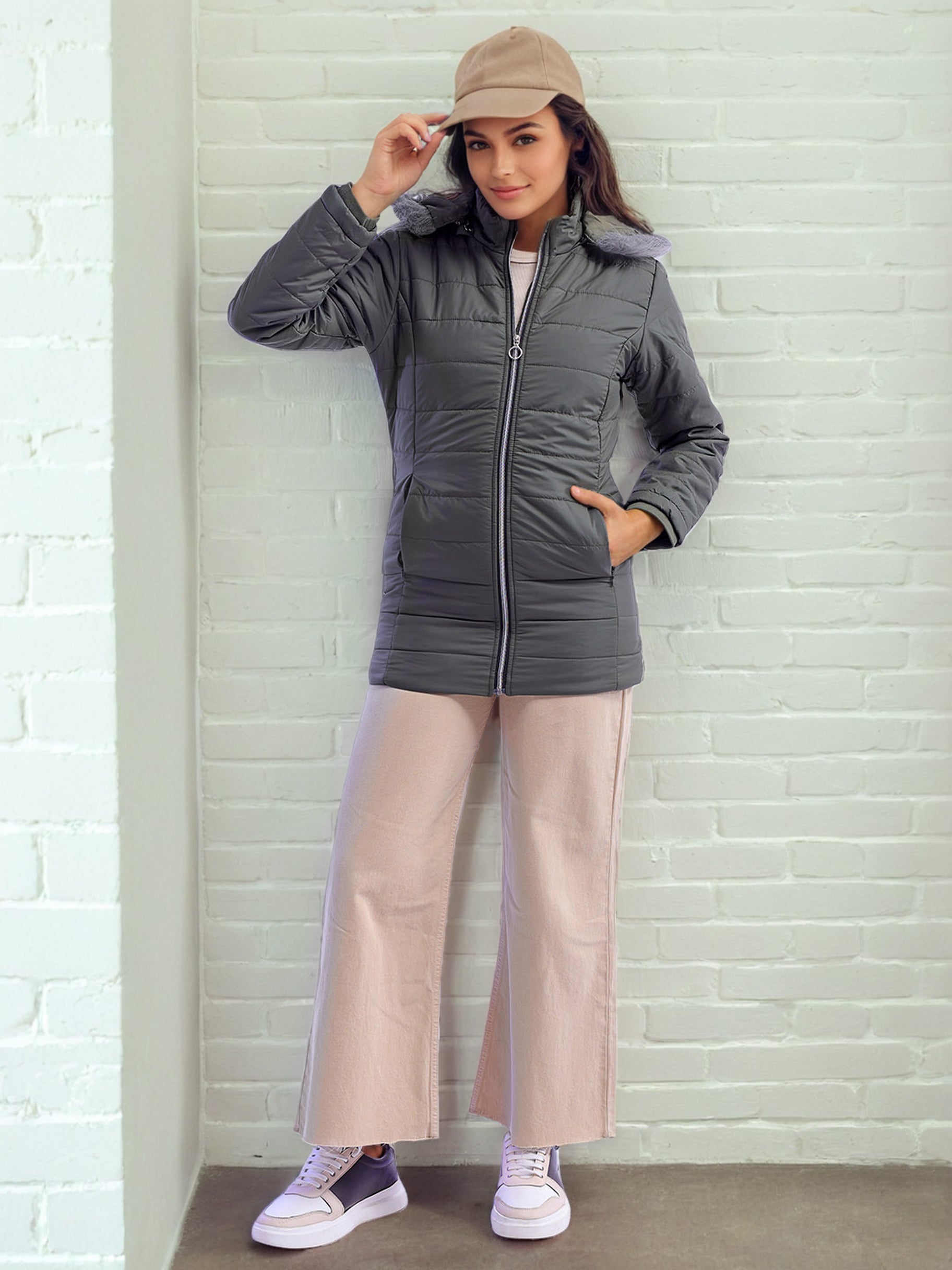 Women's Basic Parka With Fur Insert At Hood