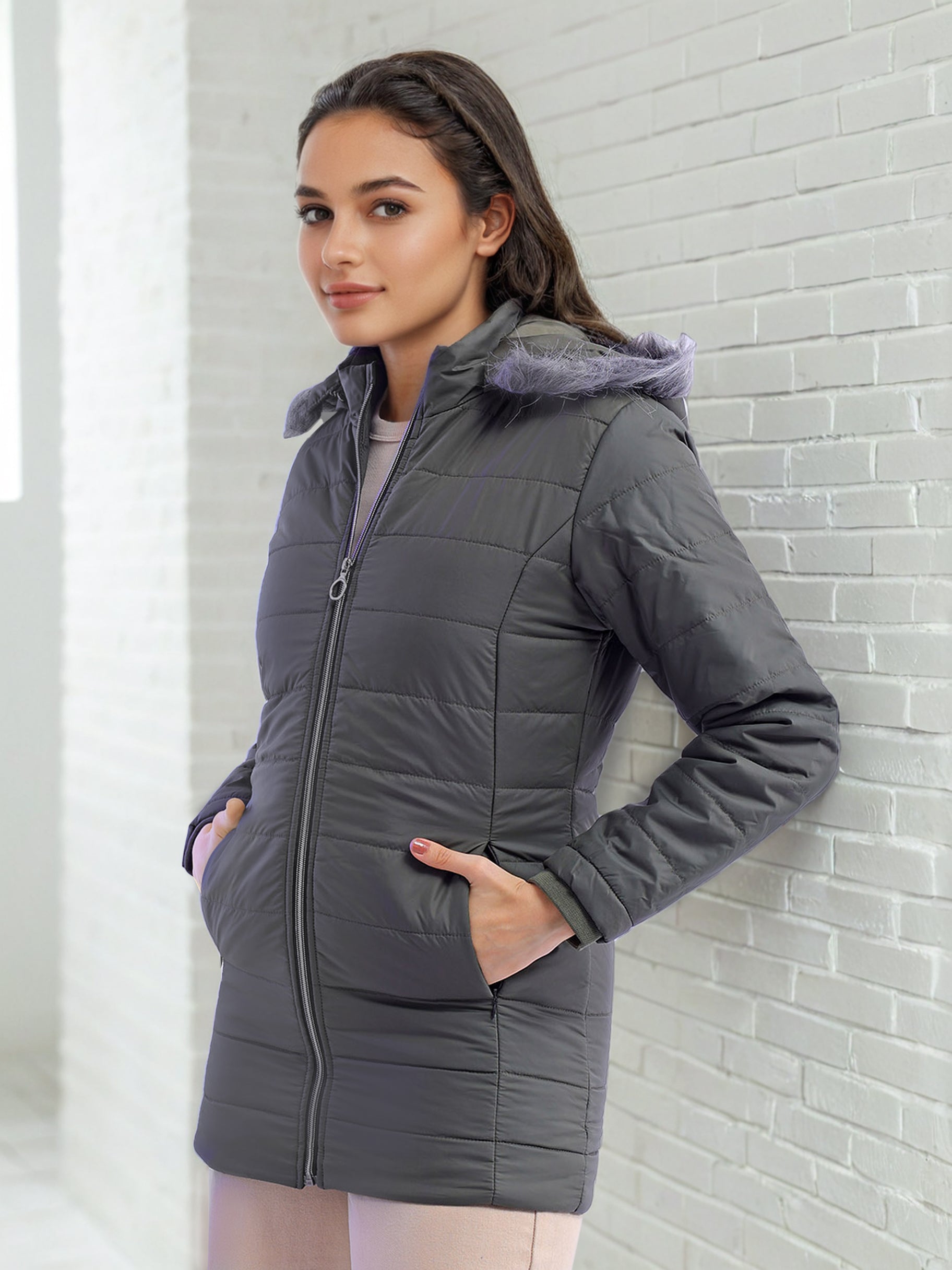 Women's Basic Parka With Fur Insert At Hood