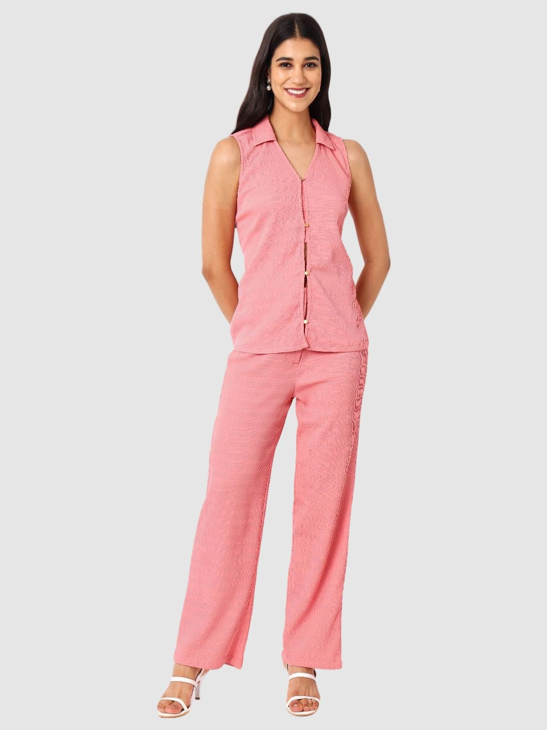 Women's Peach and Bootcut Fit Textured Shirt and Trousers Coordinates