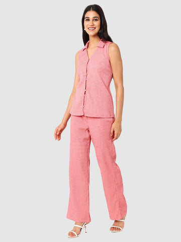 Women's Peach and Bootcut Fit Textured Shirt and Trousers Coordinates