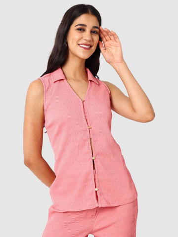 Women's Peach and Bootcut Fit Textured Shirt and Trousers Coordinates