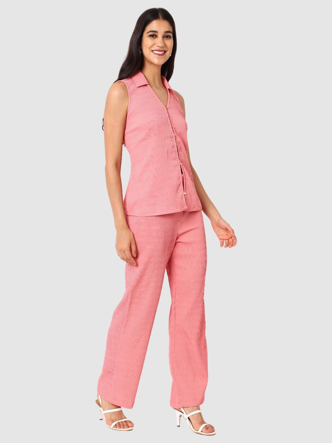Women's Peach and Bootcut Fit Textured Shirt and Trousers Coordinates