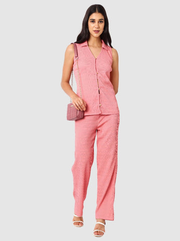 Women's Peach and Bootcut Fit Textured Shirt and Trousers Coordinates