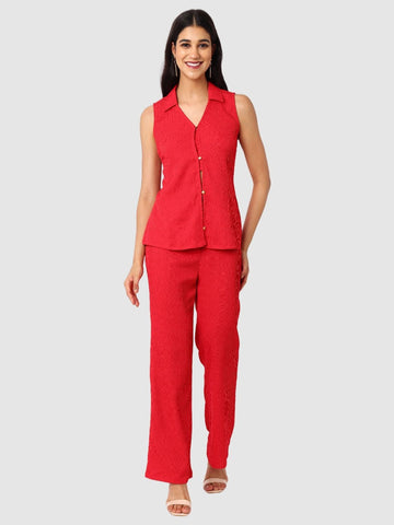 Women's Red and Bootcut Fit Textured Shirt and Trousers Coordinates