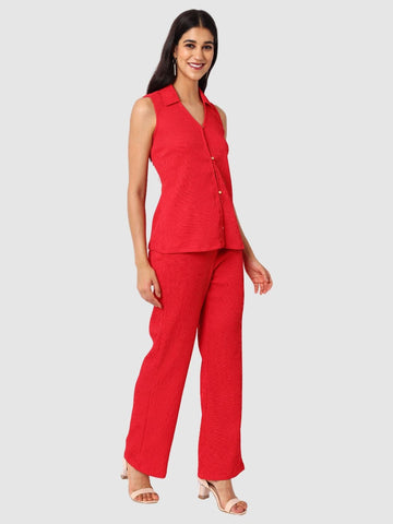 Women's Red and Bootcut Fit Textured Shirt and Trousers Coordinates