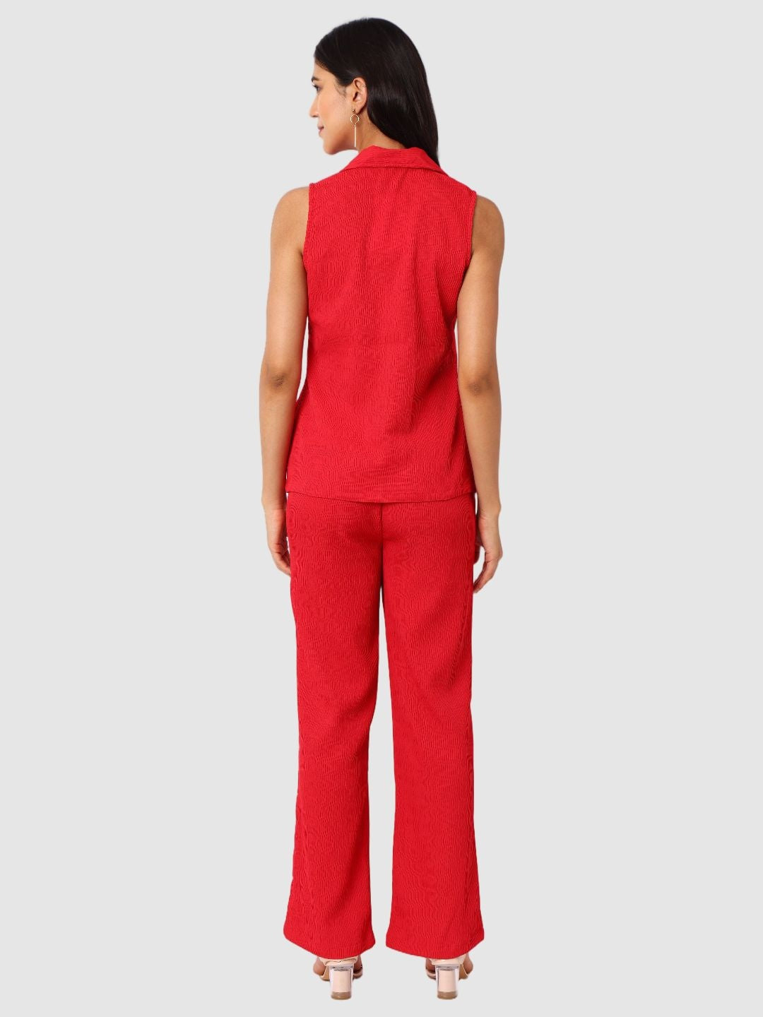 Women's Red and Bootcut Fit Textured Shirt and Trousers Coordinates