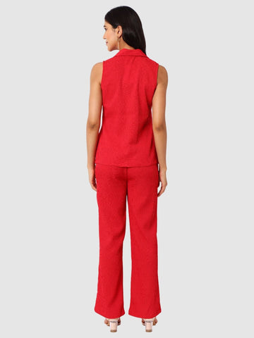 Women's Red and Bootcut Fit Textured Shirt and Trousers Coordinates