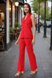 Women's Red and Bootcut Fit Textured Shirt and Trousers Coordinates