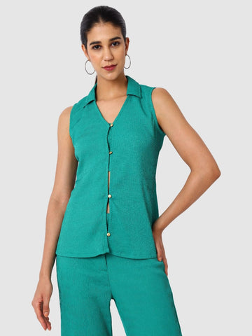 Women's Green and Bootcut Fit Textured Shirt and Trousers Coordinates