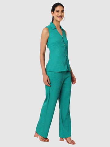 Women's Green and Bootcut Fit Textured Shirt and Trousers Coordinates