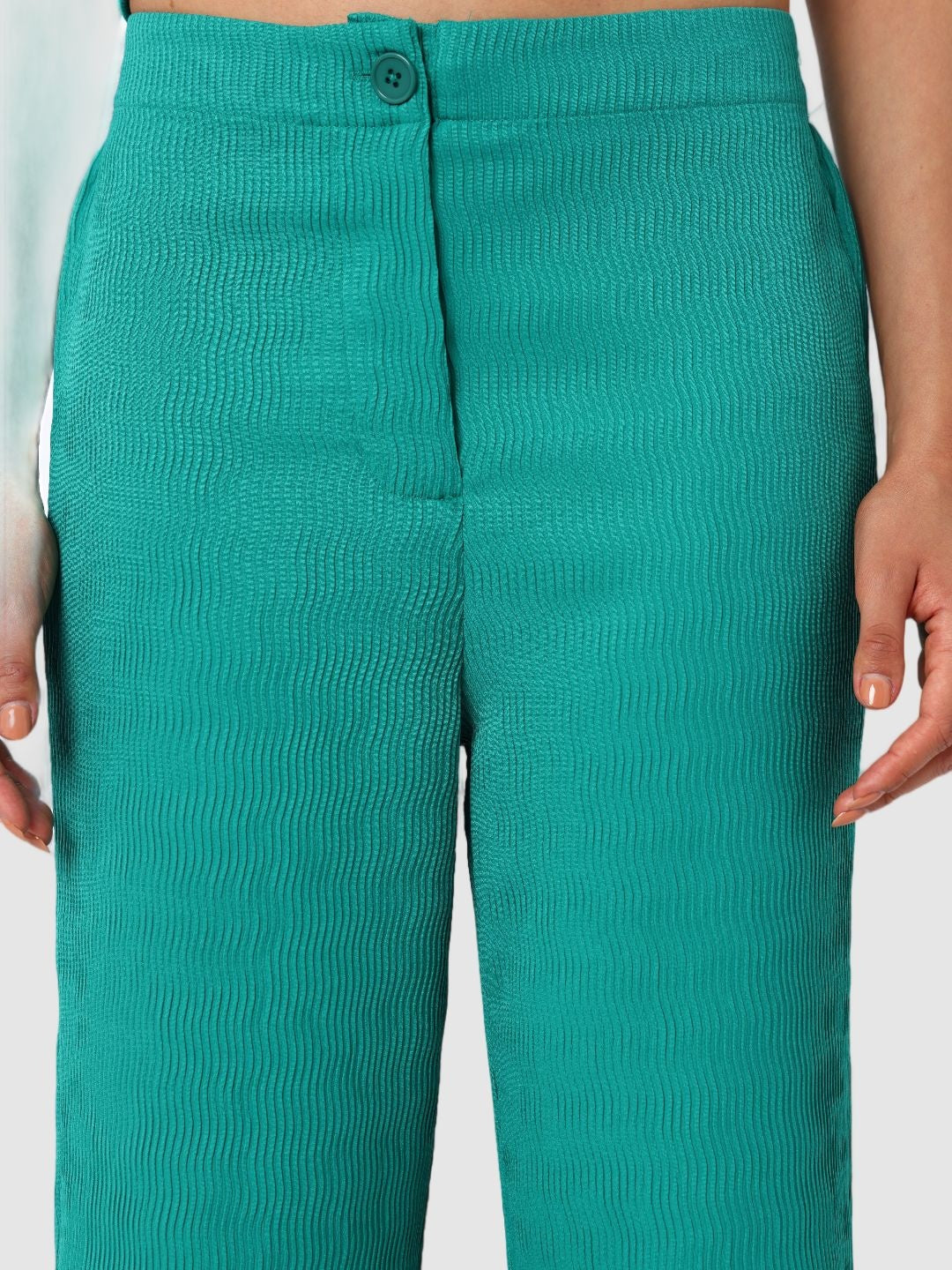Women's Green and Bootcut Fit Textured Shirt and Trousers Coordinates