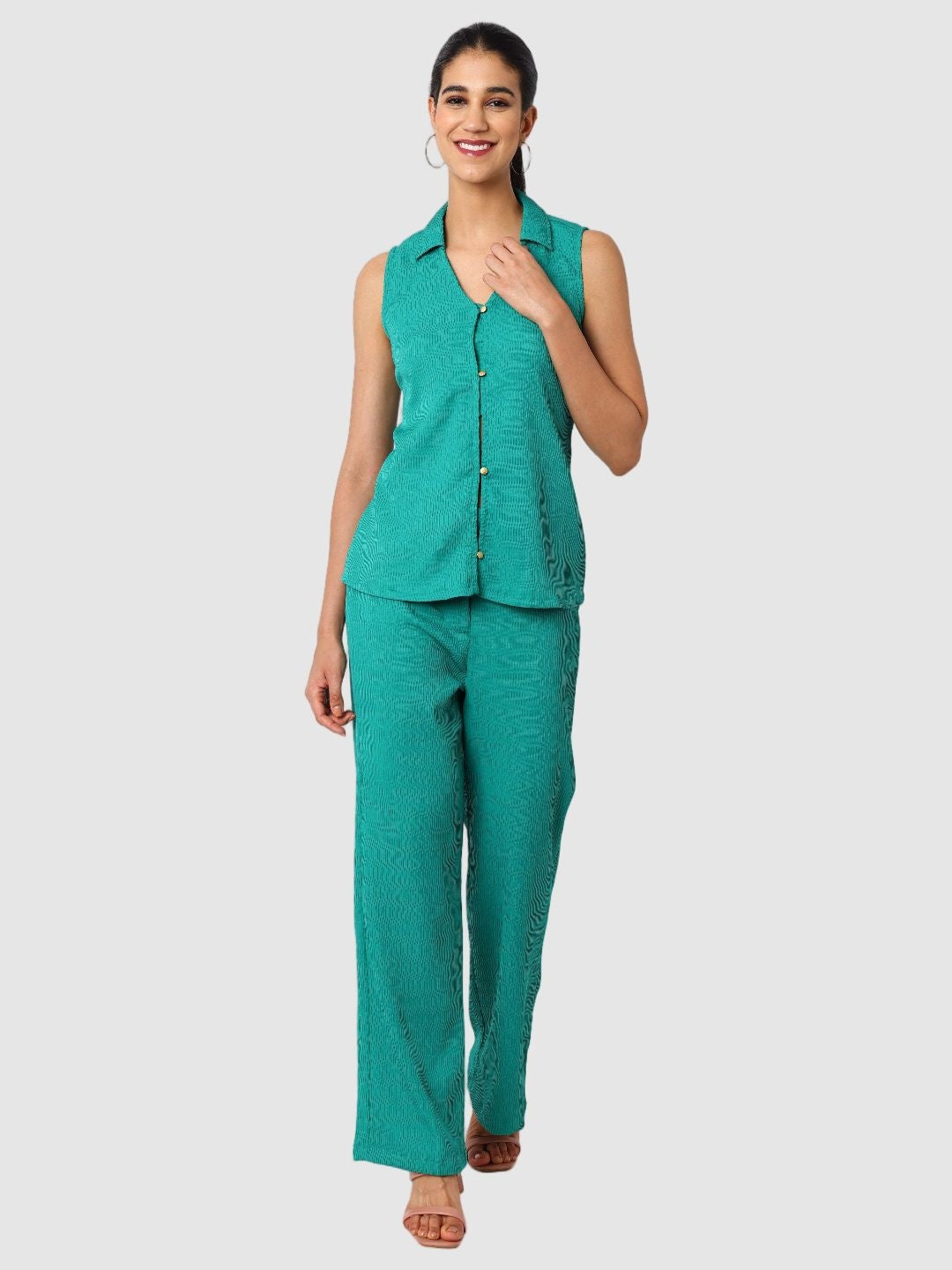 Women's Green and Bootcut Fit Textured Shirt and Trousers Coordinates