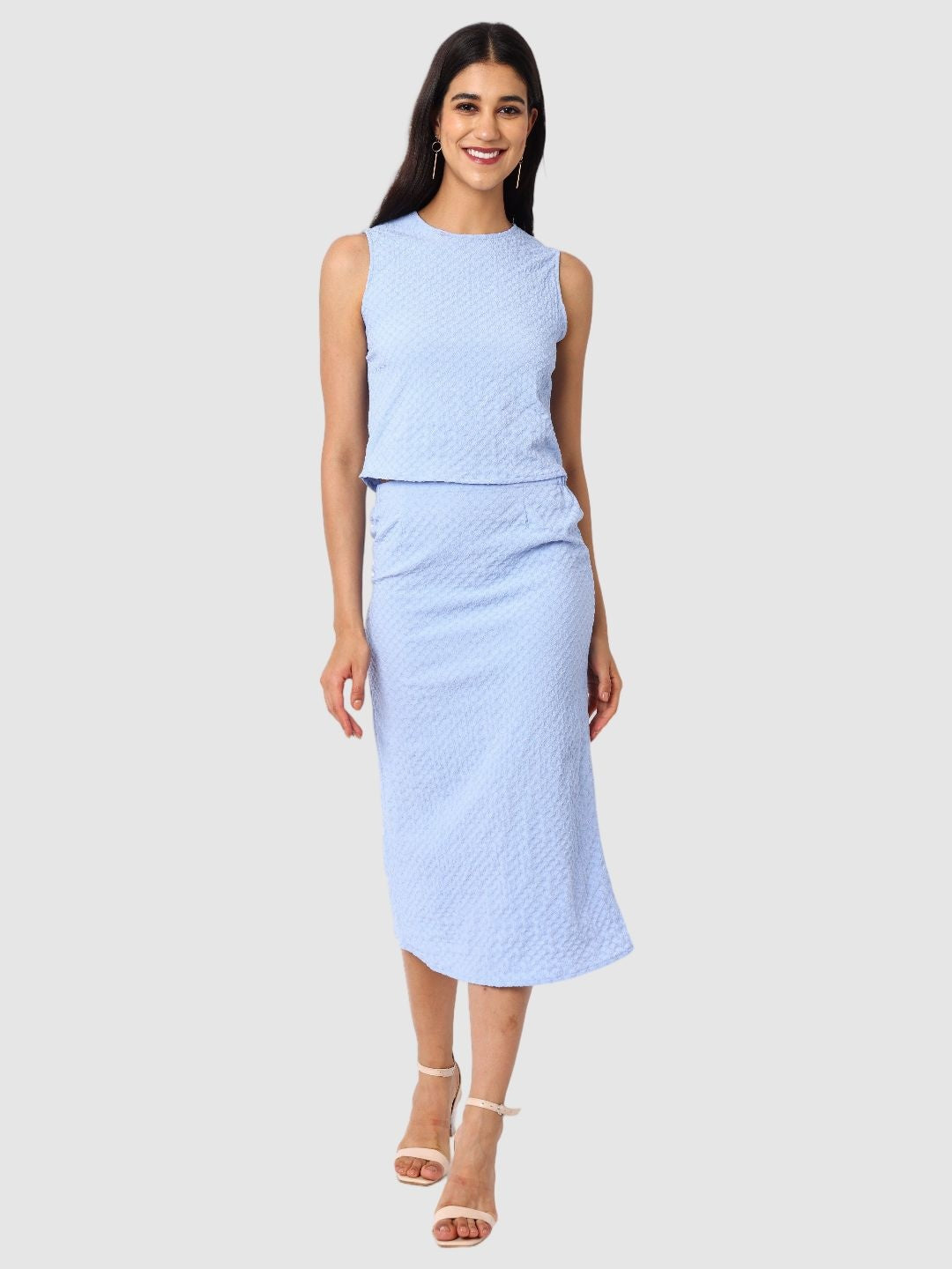 Women's Blue Textured Top and Skirt Coordinates